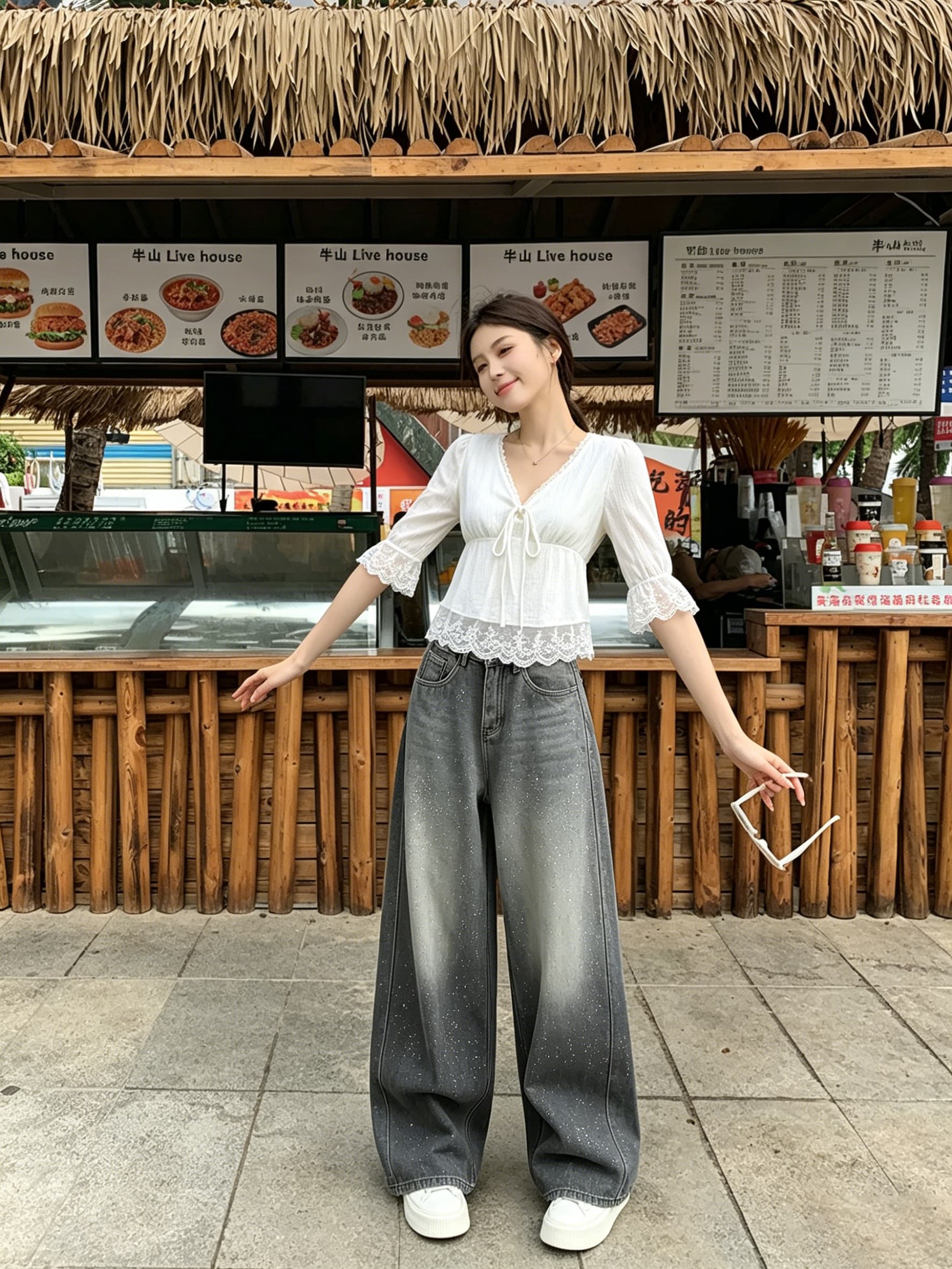 실사 부드러운 바람 레이스 V넥 시폰 셔츠 여성 여름 마이크로 지방 mm 표지 고기 슬림해 보이는 허리 수축 레이스업 다용도 맨위 상세 이미지 12