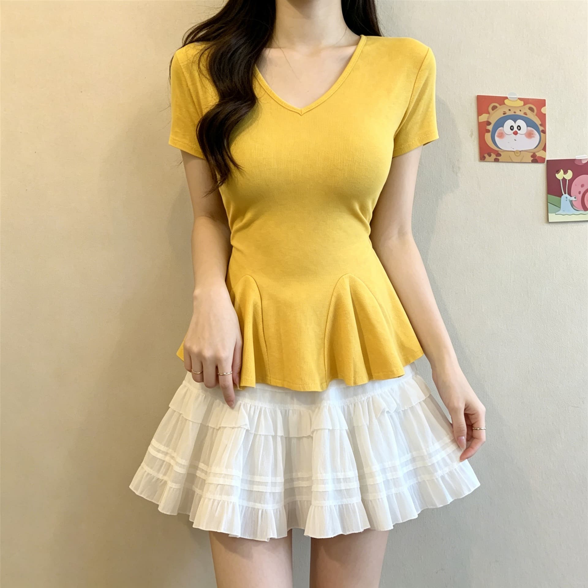실사 V넥 반팔 티셔츠 여성 여름 새로운 허리 수축 슬림해 보이는 프릴 표지 고기 순수한 욕망 바람 핫걸 맨위 상세 이미지 7