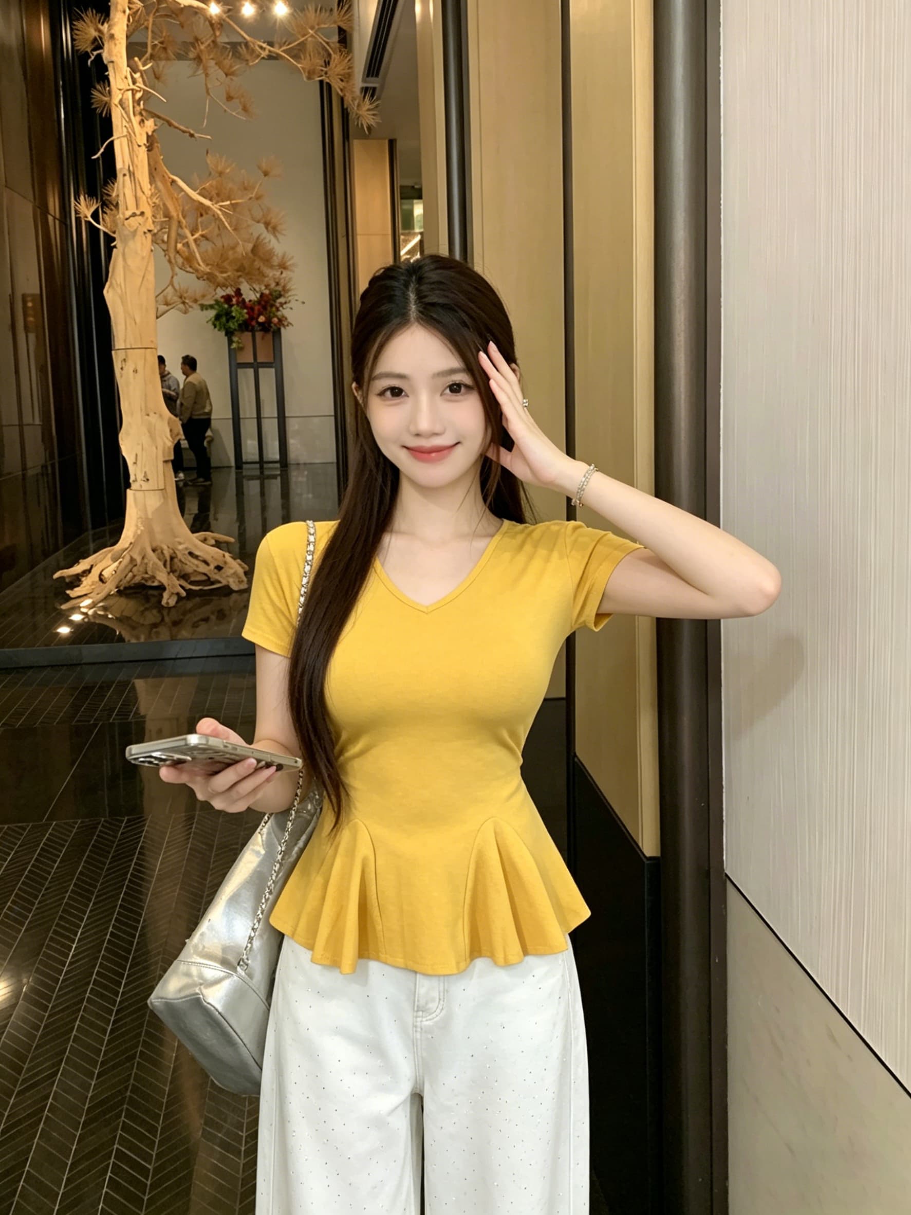 실사 V넥 반팔 티셔츠 여성 여름 새로운 허리 수축 슬림해 보이는 프릴 표지 고기 순수한 욕망 바람 핫걸 맨위 이미지 2