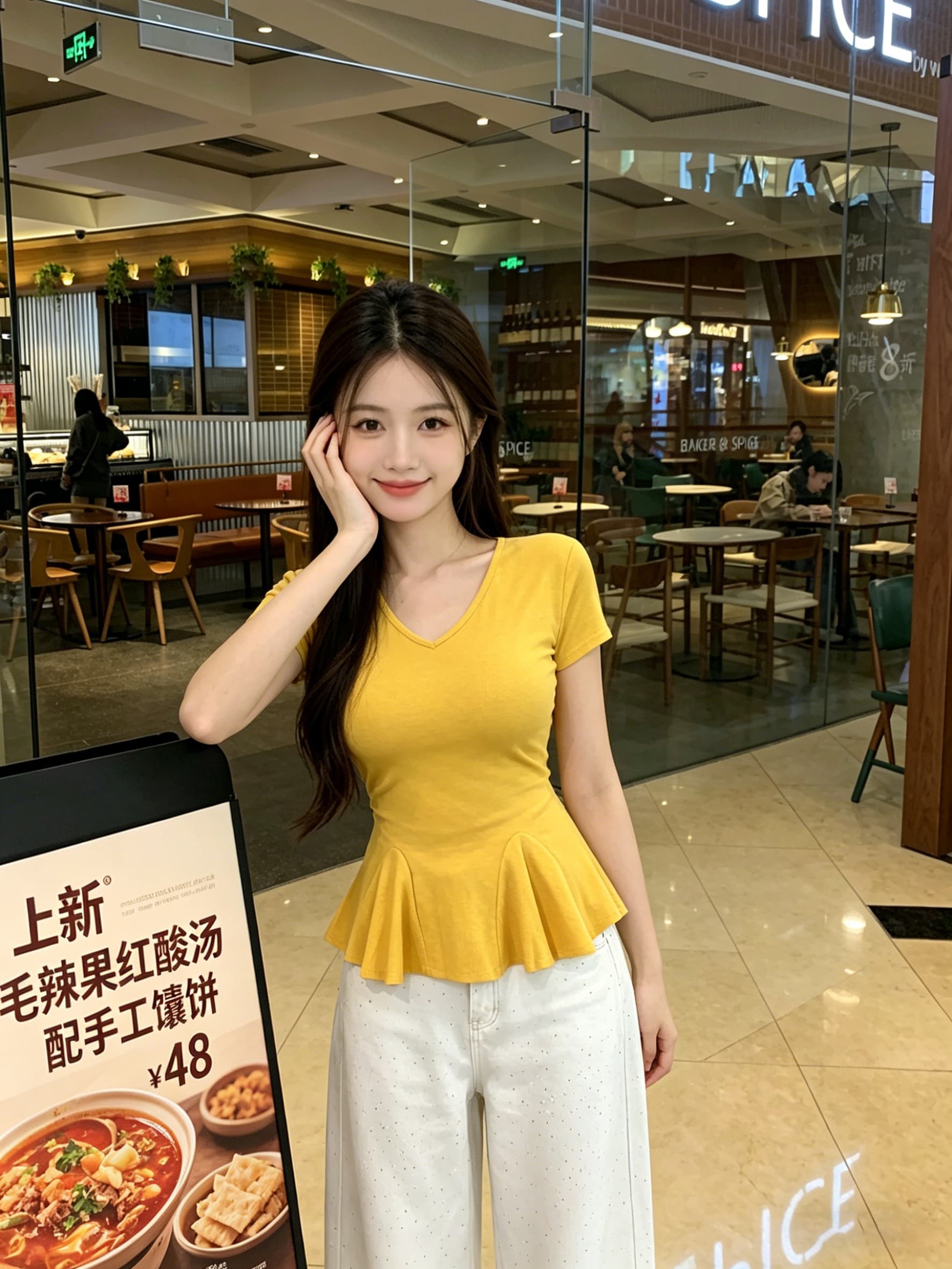 실사 V넥 반팔 티셔츠 여성 여름 새로운 허리 수축 슬림해 보이는 프릴 표지 고기 순수한 욕망 바람 핫걸 맨위 상세 이미지 5