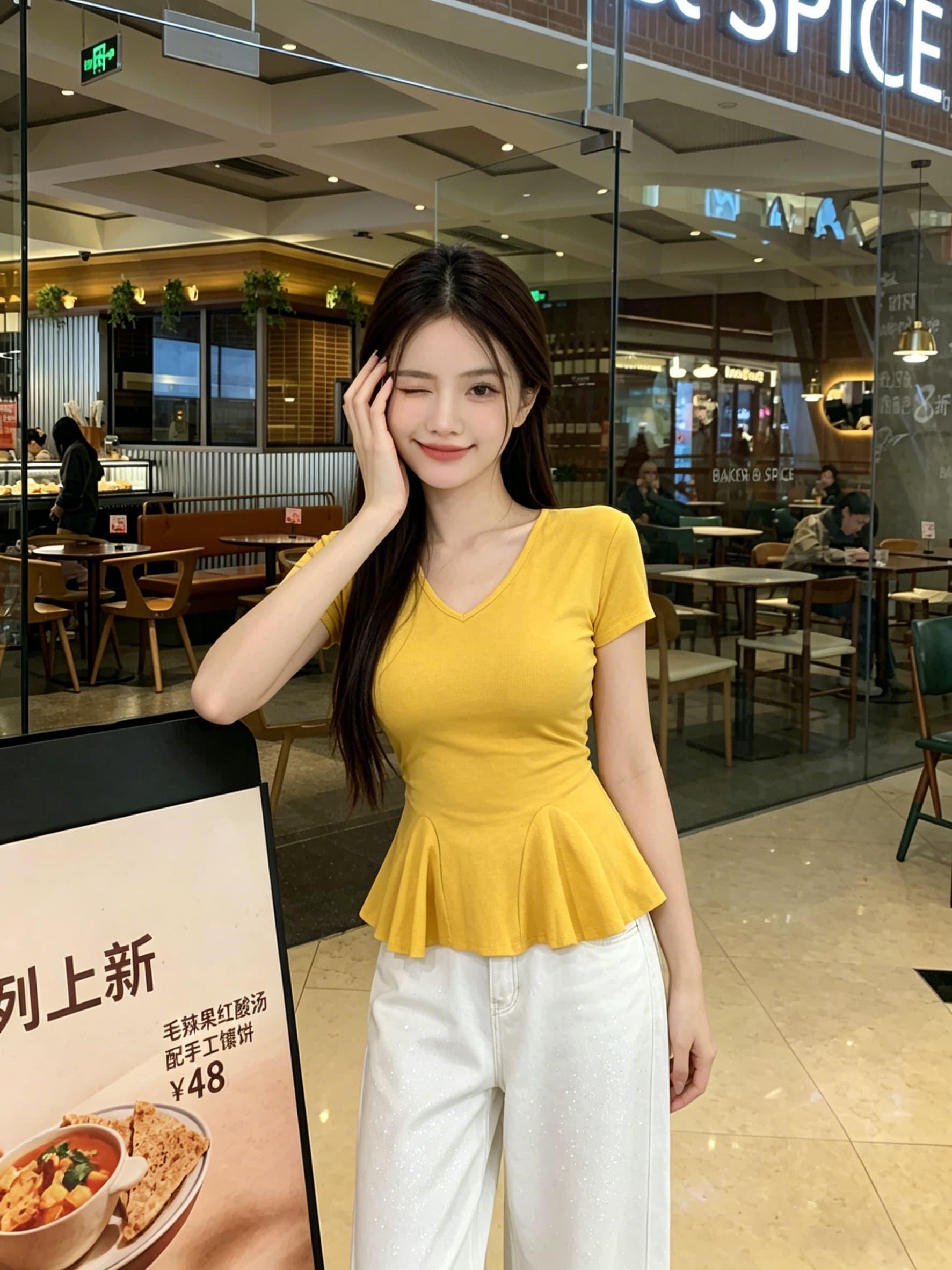 실사 V넥 반팔 티셔츠 여성 여름 새로운 허리 수축 슬림해 보이는 프릴 표지 고기 순수한 욕망 바람 핫걸 맨위 상세 이미지 6
