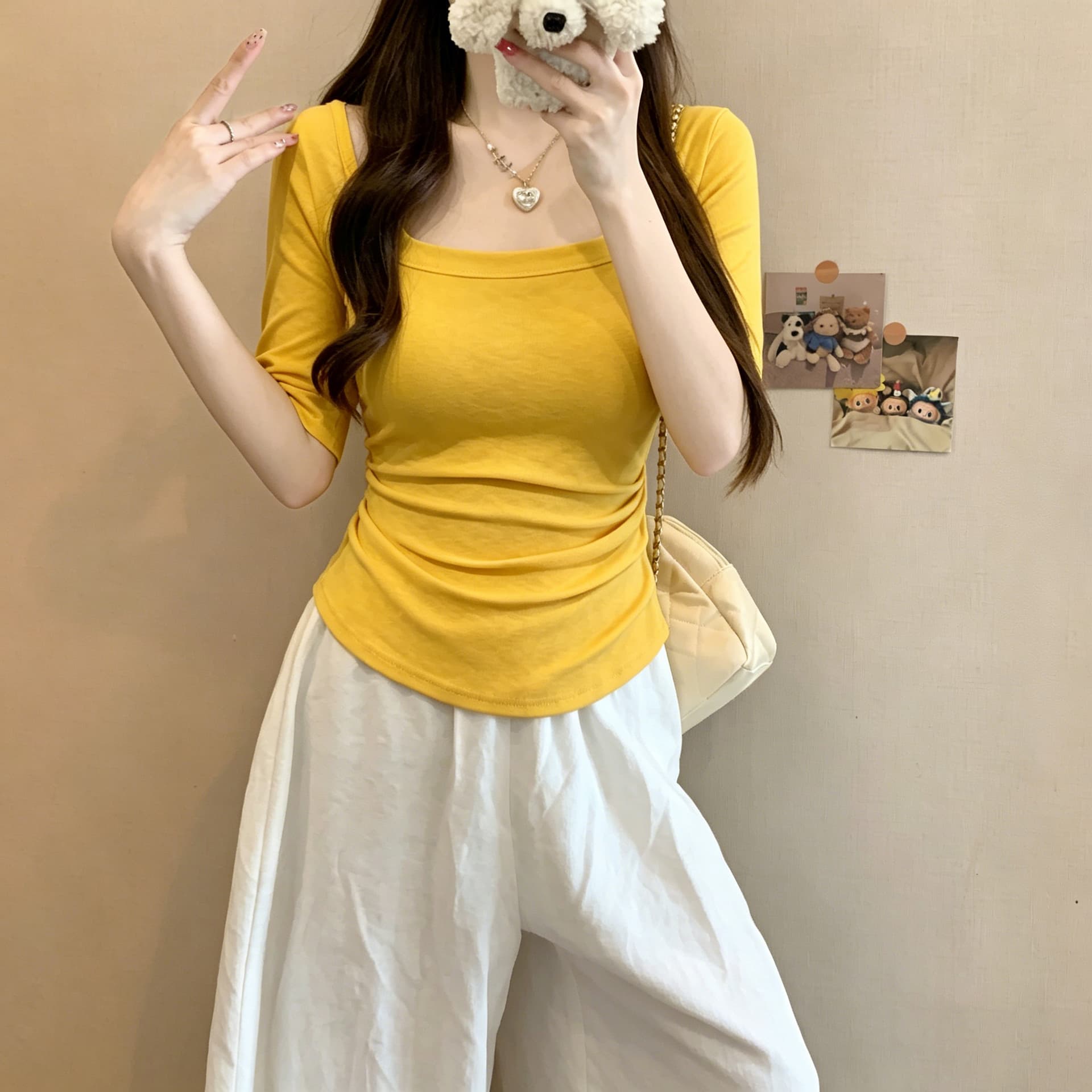 실사 순수한 욕망 바람 u 칼라 맨위 여성 여름 새로운 몸매 가꾸기 슬림해 보이는 주름 다용도 디스플레이 몸 핫걸 기본 셔츠 상세 이미지 4