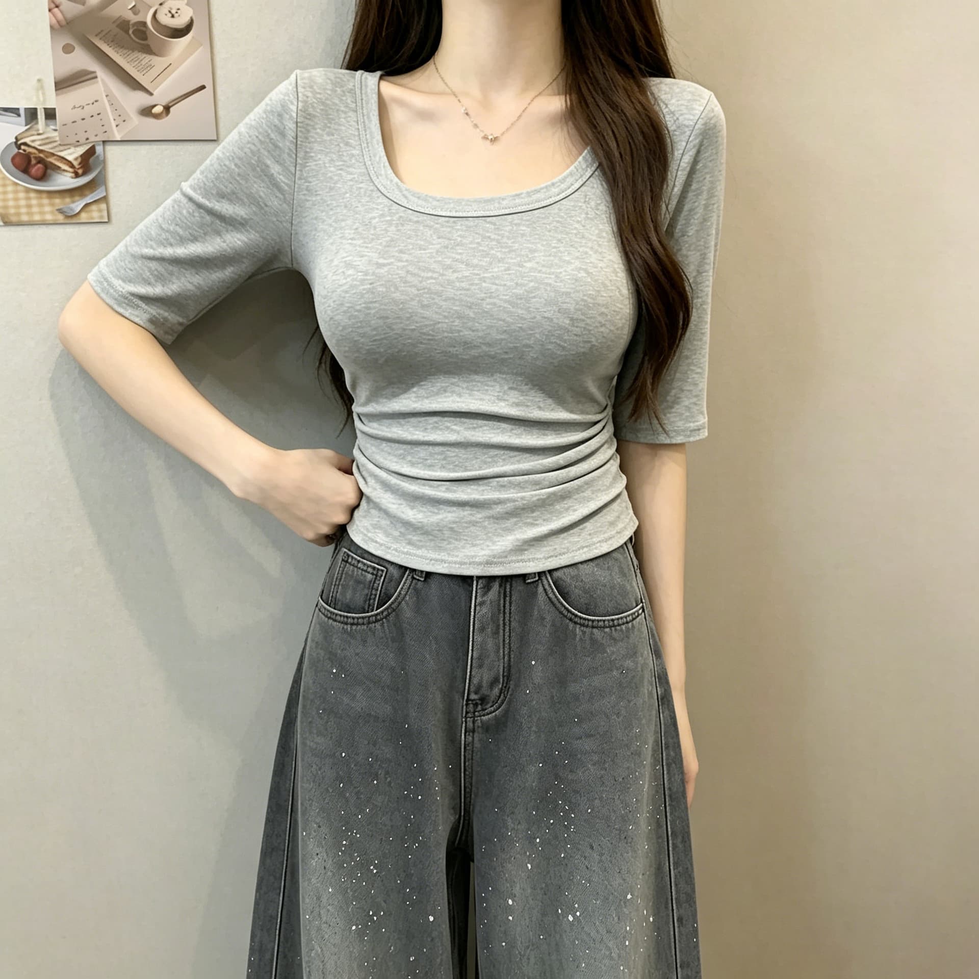 실사 순수한 욕망 바람 u 칼라 맨위 여성 여름 새로운 몸매 가꾸기 슬림해 보이는 주름 다용도 디스플레이 몸 핫걸 기본 셔츠 상세 이미지 8