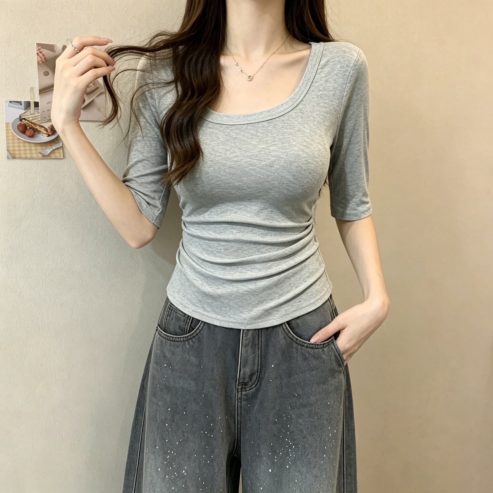 실사 순수한 욕망 바람 u 칼라 맨위 여성 여름 새로운 몸매 가꾸기 슬림해 보이는 주름 다용도 디스플레이 몸 핫걸 기본 셔츠 상세 이미지 10