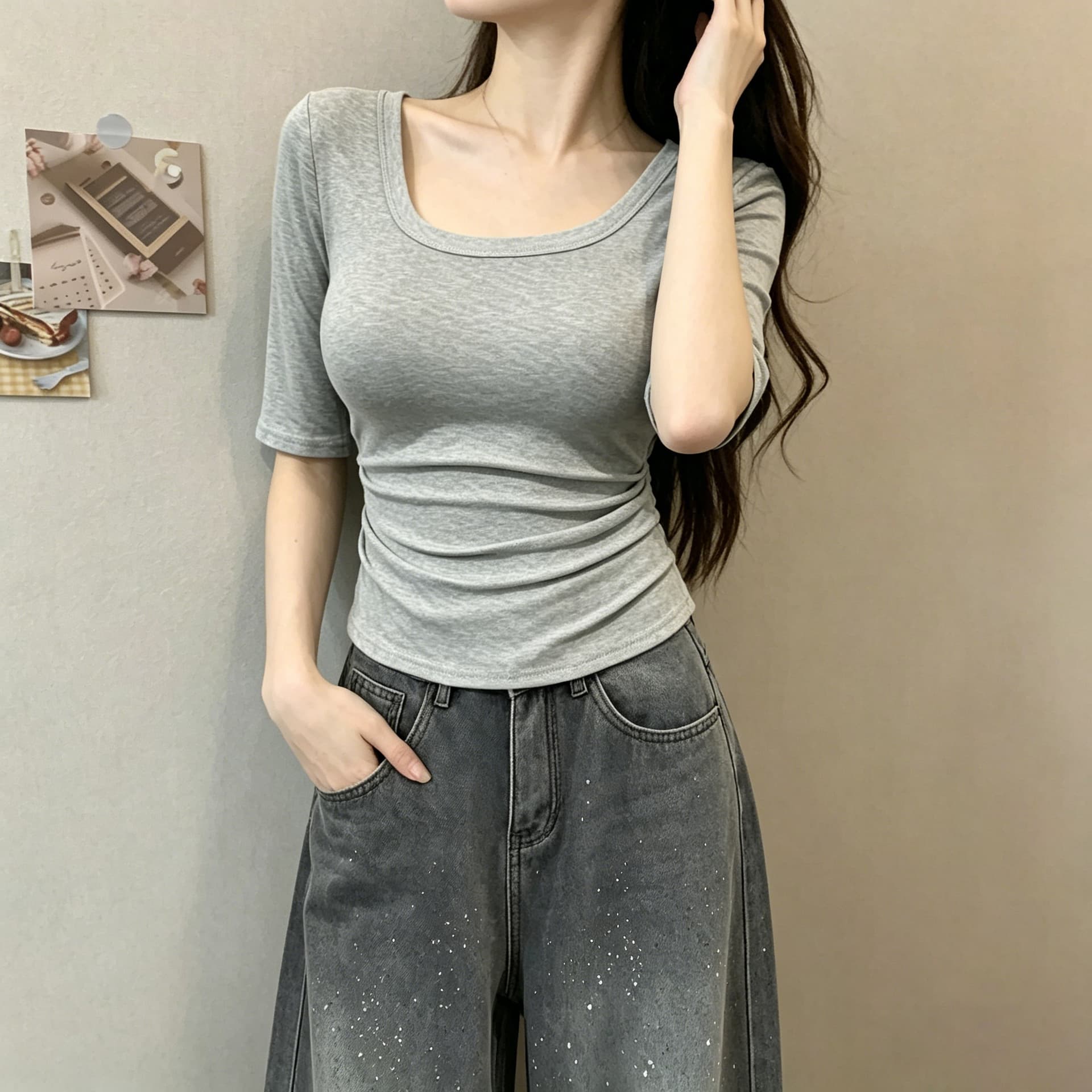 실사 순수한 욕망 바람 u 칼라 맨위 여성 여름 새로운 몸매 가꾸기 슬림해 보이는 주름 다용도 디스플레이 몸 핫걸 기본 셔츠 상세 이미지 11