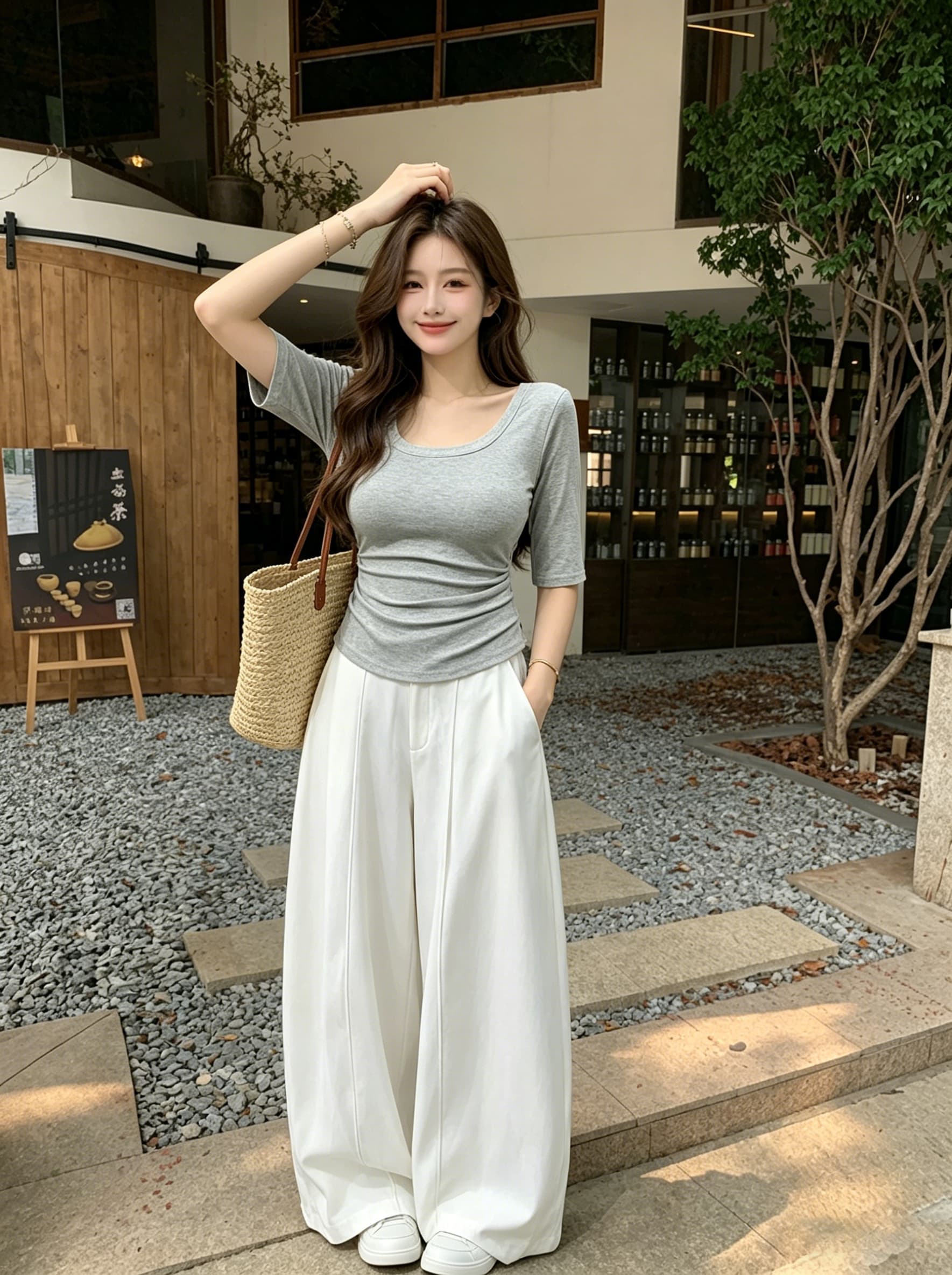 실사 u 칼라 주름 허리 수축 티셔츠 여름 새로운 5 점 소매 다용도 슬림해 보이는 디스플레이 몸 품격 핫걸 맨위 이미지 3