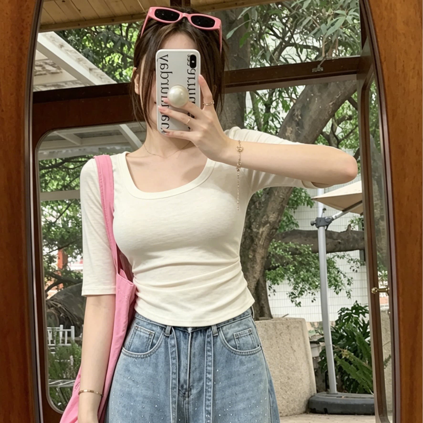 실사 u 칼라 주름 허리 수축 티셔츠 여름 새로운 5 점 소매 다용도 슬림해 보이는 디스플레이 몸 품격 핫걸 맨위 이미지 5