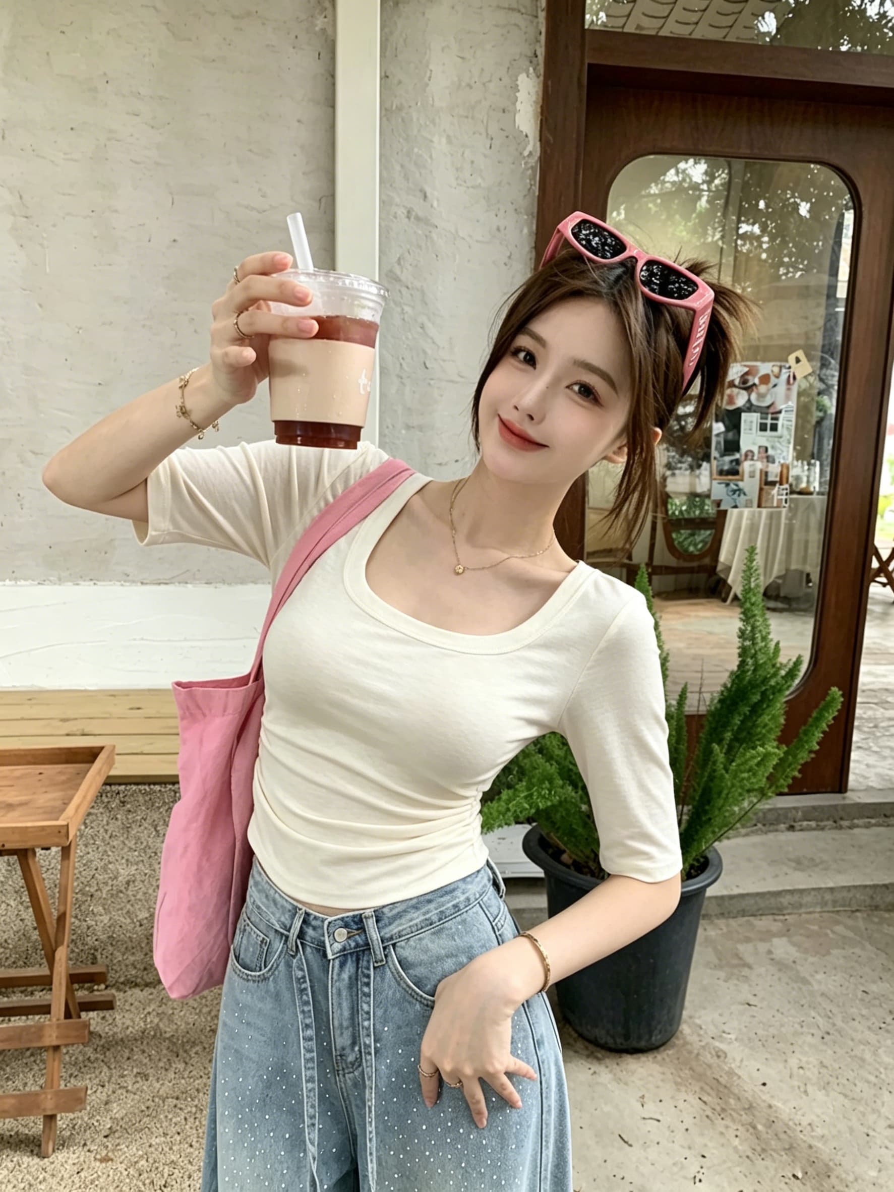 실사 u 칼라 주름 허리 수축 티셔츠 여름 새로운 5 점 소매 다용도 슬림해 보이는 디스플레이 몸 품격 핫걸 맨위 상세 이미지 16