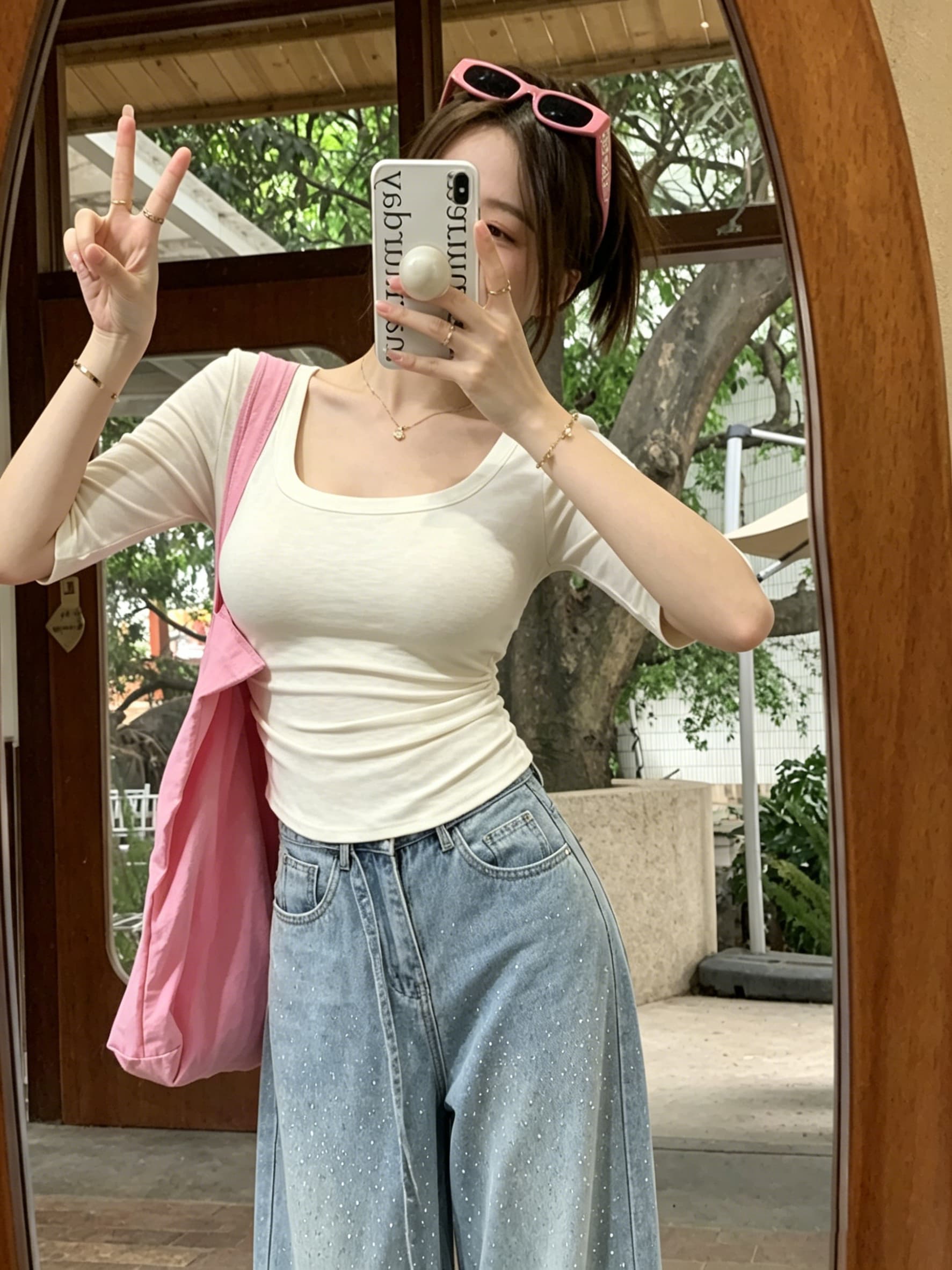 실사 u 칼라 주름 허리 수축 티셔츠 여름 새로운 5 점 소매 다용도 슬림해 보이는 디스플레이 몸 품격 핫걸 맨위 상세 이미지 18
