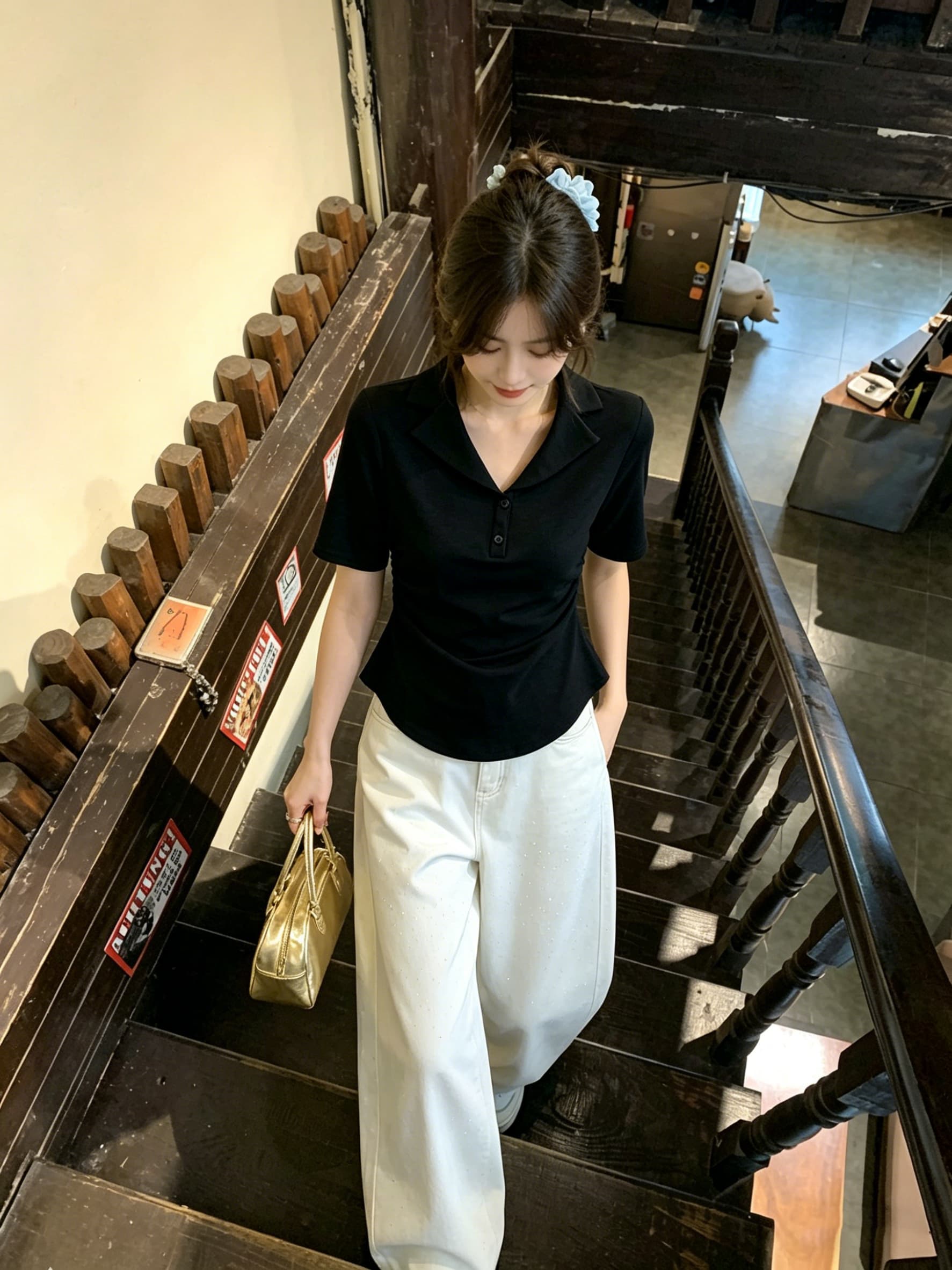실사 미니멀리즘 폴로 칼라 출퇴근 티셔츠 여자 몸매 가꾸기 허리 수축 반팔 디자인 센스 품격 다용도 슬림해 보이는 맨위 상세 이미지 21