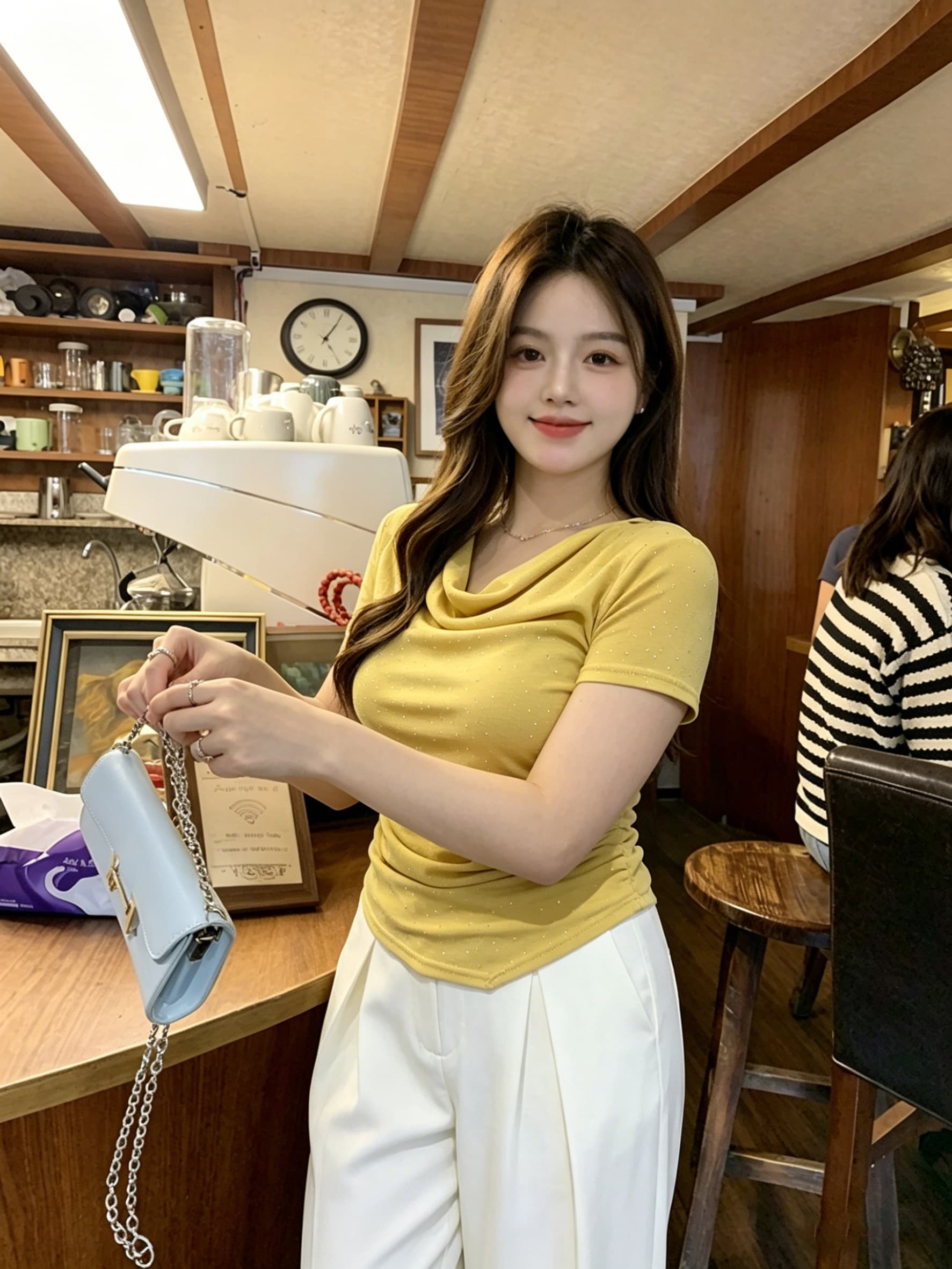 실사 순수한 욕망 바람 황색 핫픽스 티셔츠 흔들다 칼라 말뚝 더미 칼라 몸매 가꾸기 슬림해 보이는 반팔 품격 작은 대중 핫걸 맨위 상세 이미지 11