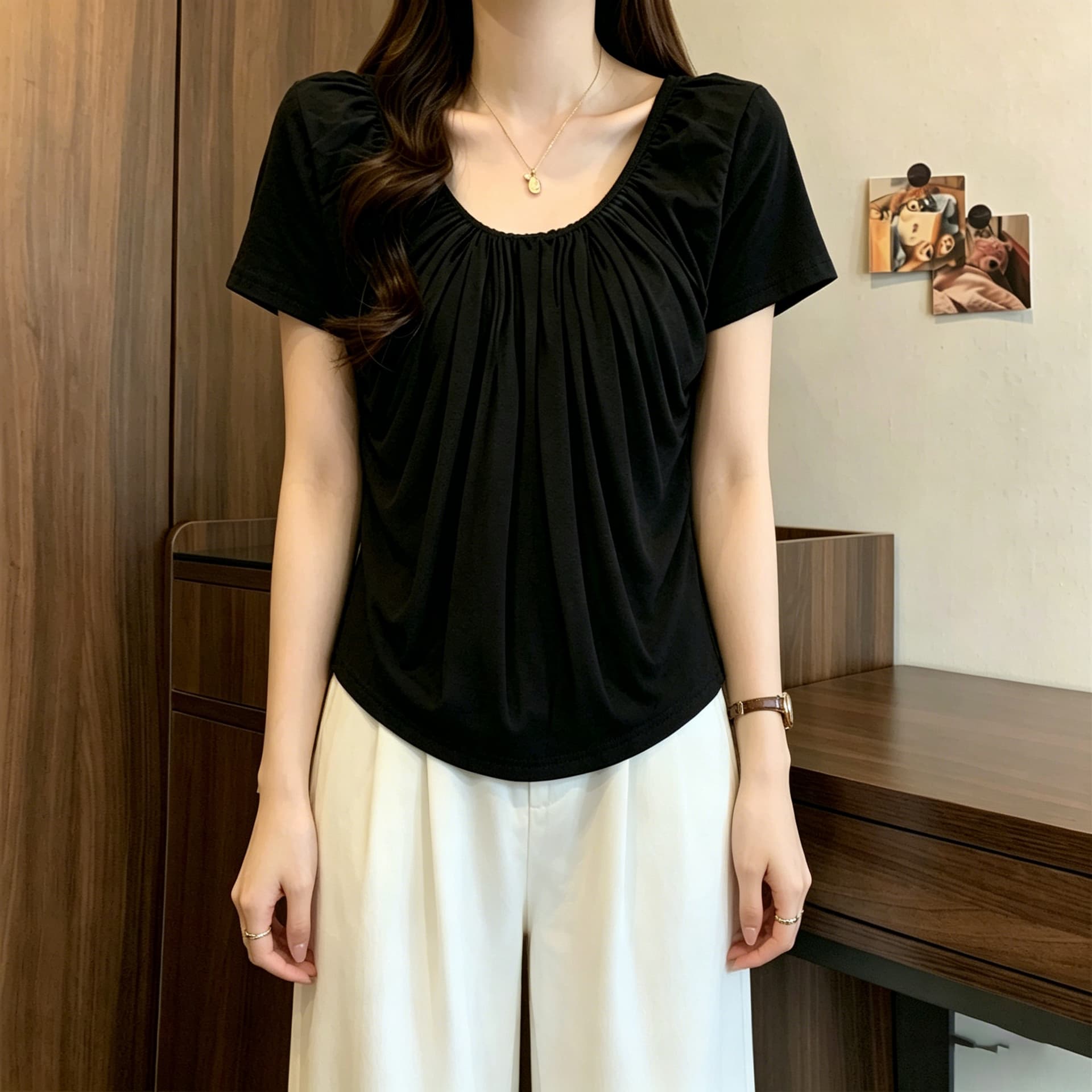 실사 마이크로 지방 mm 주름 u 칼라 화이트 반팔 티셔츠 여름 루즈핏 표지 고기 슬림해 보이는 디자인 센스 맨위 이미지 2