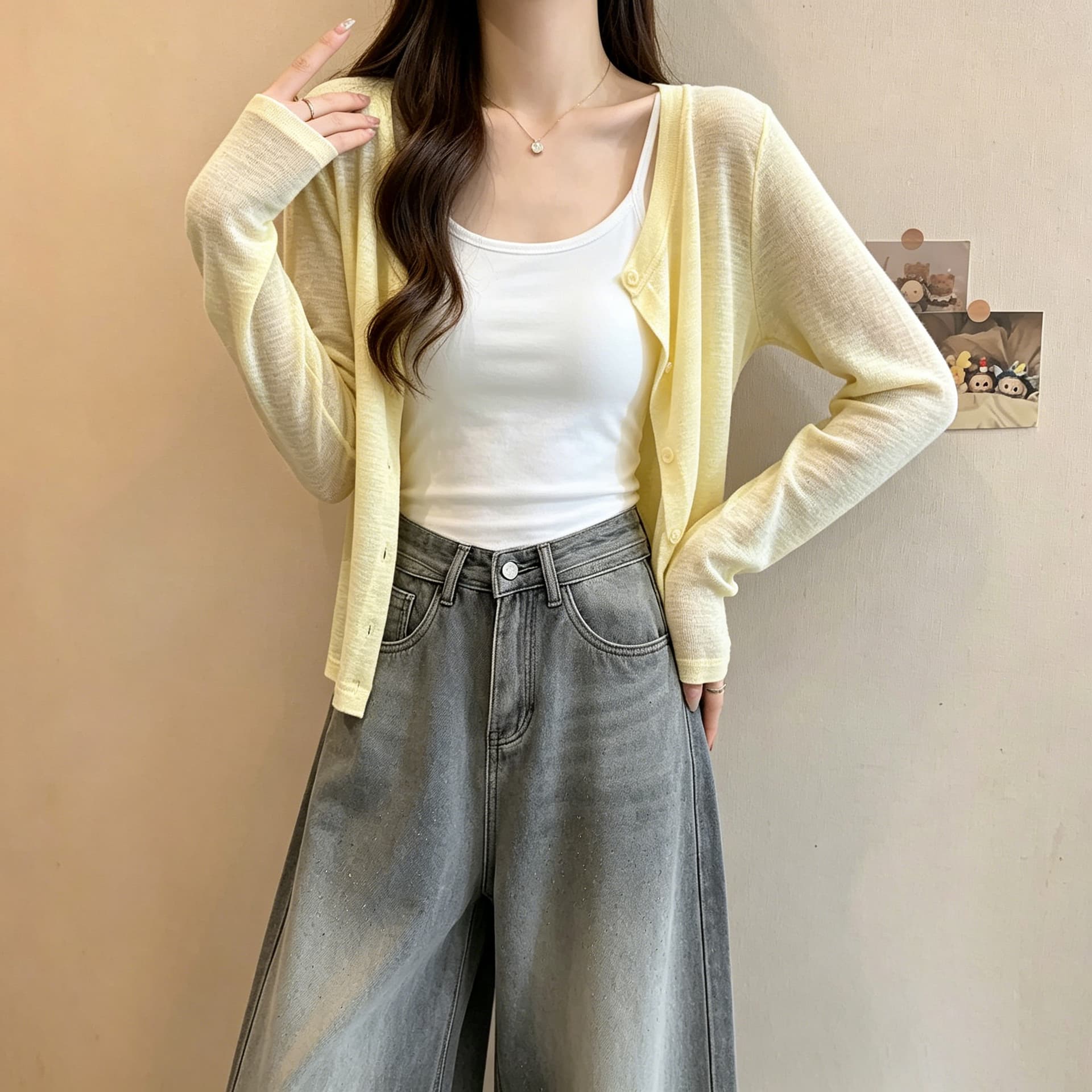 실사 부드러운 바람 황색 니트 오픈 가디건 여성 여름 얇은 스타일 외부 가져 가라. 에어컨 셔츠 자외선 차단 블라우스 쇼트 스타일 맨위 상세 이미지 14