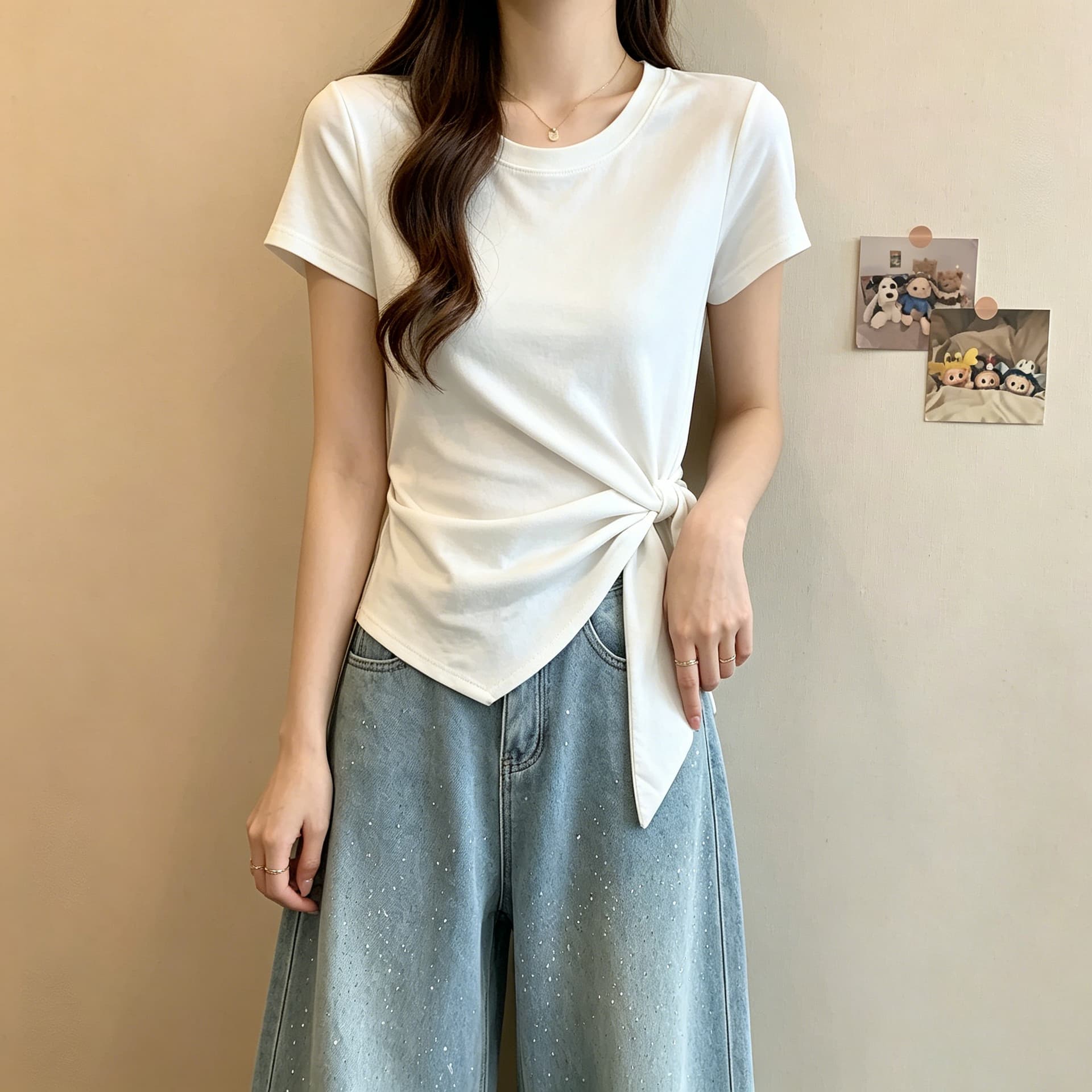 실사 여름 새로운 반팔 티셔츠 여성 디자인 센스 비틀림 허리 수축 슬림해 보이는 순수한 욕망 바람 쇼트 스타일 불규칙 맨위 상세 이미지 10