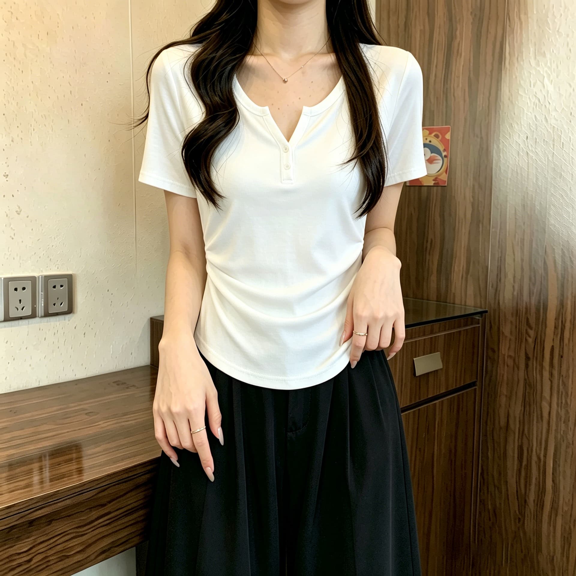 실사 빅 사이즈 슬림해 보이는 헨리 칼라 티셔츠 여름 새로운 허리 수축 주름 반팔 다용도 마이크로 지방 mm 긍정적 인 어깨 의류 상세 이미지 10
