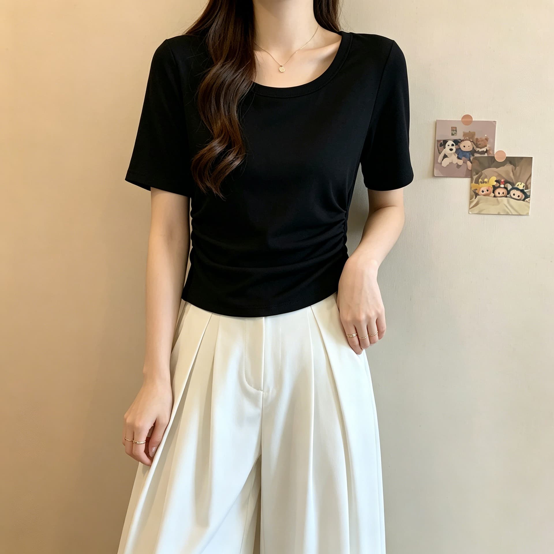 실사 빅 사이즈 허리 수축 셔츠 여성 여름 새로운 마이크로 지방 mm 슬림해 보이는 라운드 넥 반팔 표지 배 주름 긍정적 인 어깨 의류 이미지 5