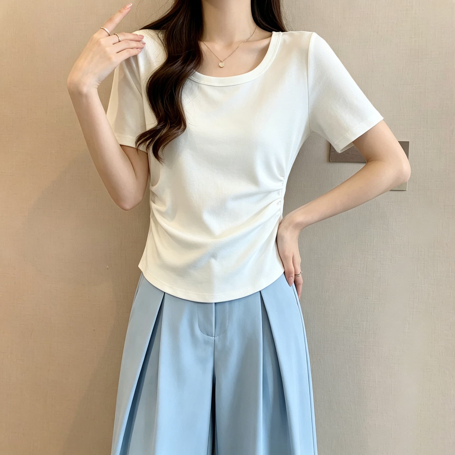 실사 빅 사이즈 허리 수축 셔츠 여성 여름 새로운 마이크로 지방 mm 슬림해 보이는 라운드 넥 반팔 표지 배 주름 긍정적 인 어깨 의류 상세 이미지 4