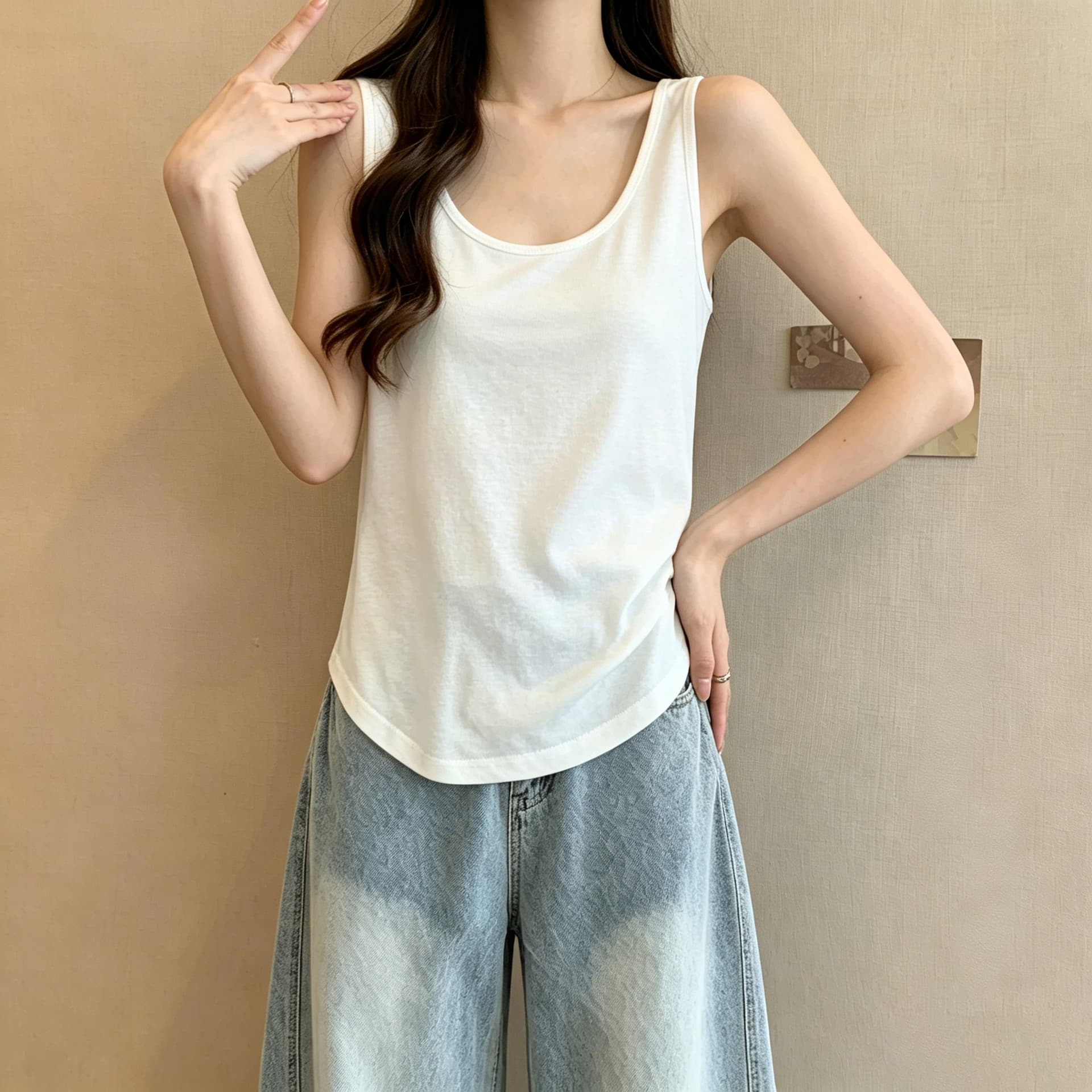 실사 u 칼라 캐미솔 여름 얇은 스타일 인사이드 가져 가라. 외출용 민소매 맨위 루즈핏 슬림해 보이는 다용도 기본 셔츠 이미지 3