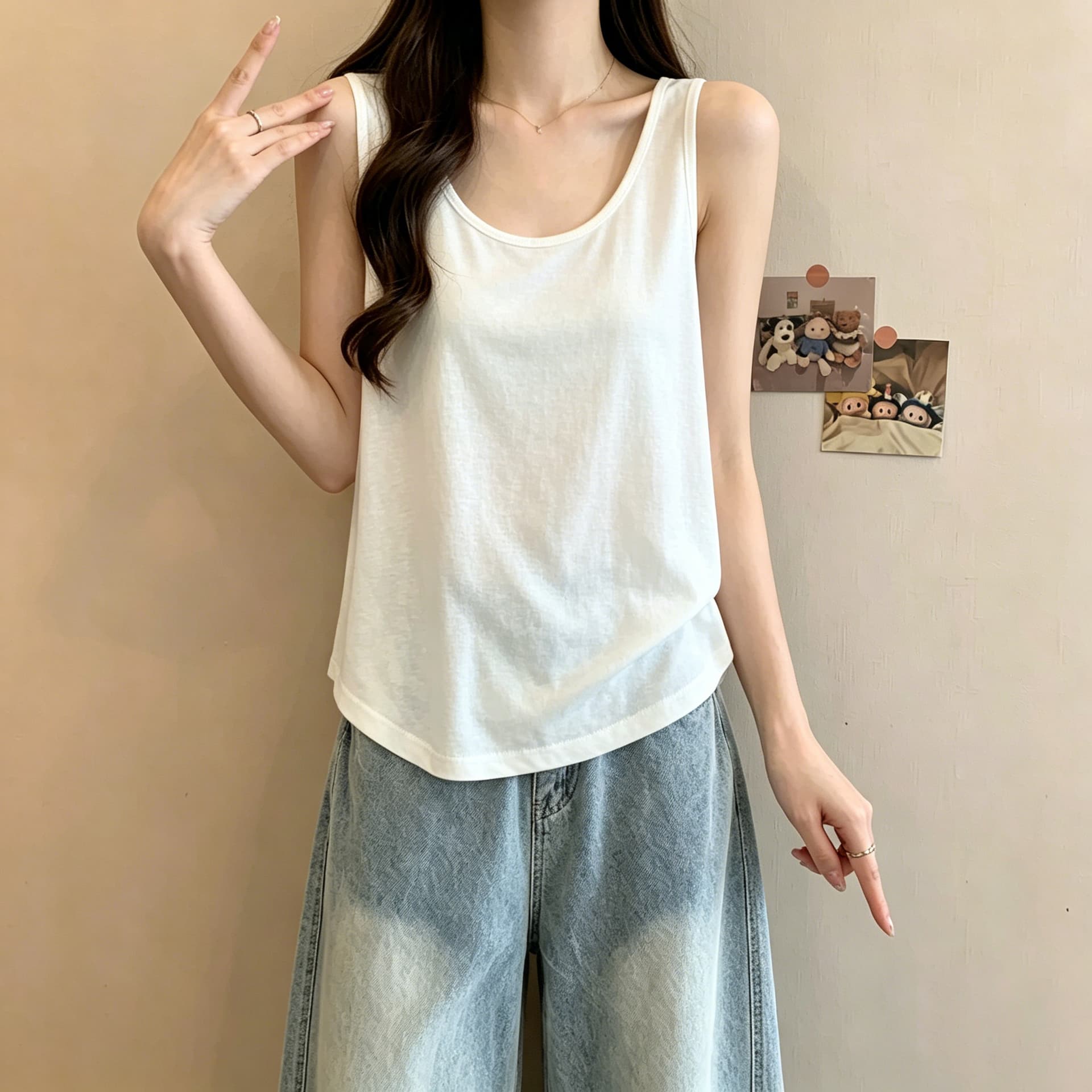 실사 u 칼라 캐미솔 여름 얇은 스타일 인사이드 가져 가라. 외출용 민소매 맨위 루즈핏 슬림해 보이는 다용도 기본 셔츠 상세 이미지 2
