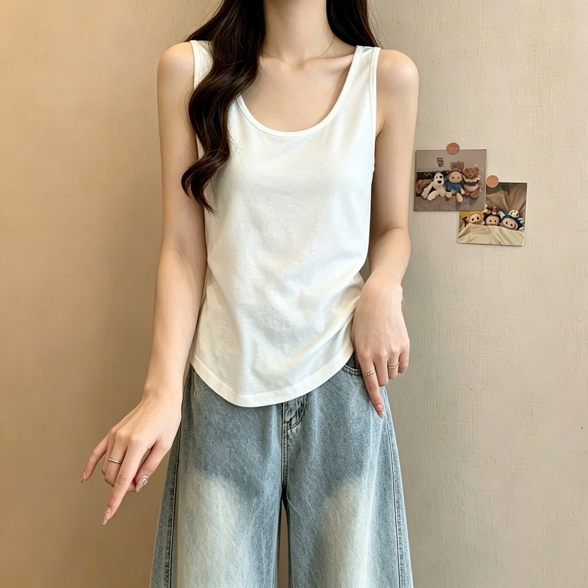실사 u 칼라 캐미솔 여름 얇은 스타일 인사이드 가져 가라. 외출용 민소매 맨위 루즈핏 슬림해 보이는 다용도 기본 셔츠 상세 이미지 7
