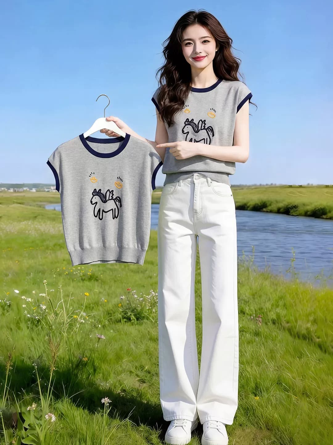 한 부서 만화 작은 말 자카드 라운드 넥 반팔 니트 스웨터 여름 새로운 루즈핏 슬림해 보이는 다용도 화이트 청바지 상세 이미지 2