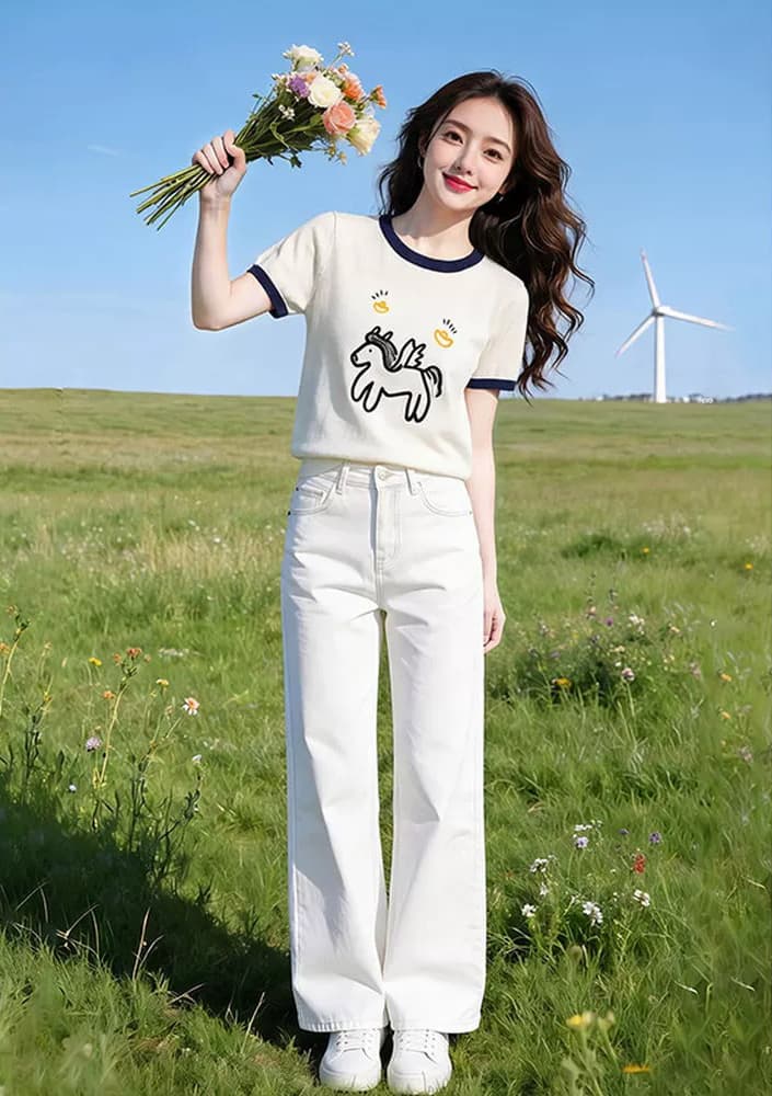 한 부서 만화 작은 말 자카드 라운드 넥 반팔 니트 스웨터 여름 새로운 루즈핏 슬림해 보이는 다용도 화이트 청바지 상세 이미지 4