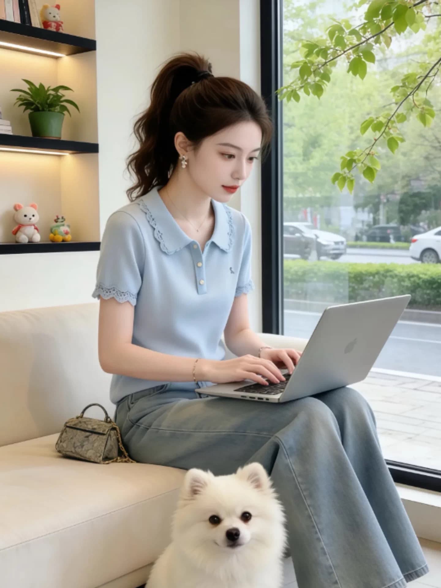 여름 새로운 한 부서 부드러운 연령 감소 패션 고급 센스 레이스 조각 파란색 반팔 POLO 칼라 니트 맨위 이미지 2