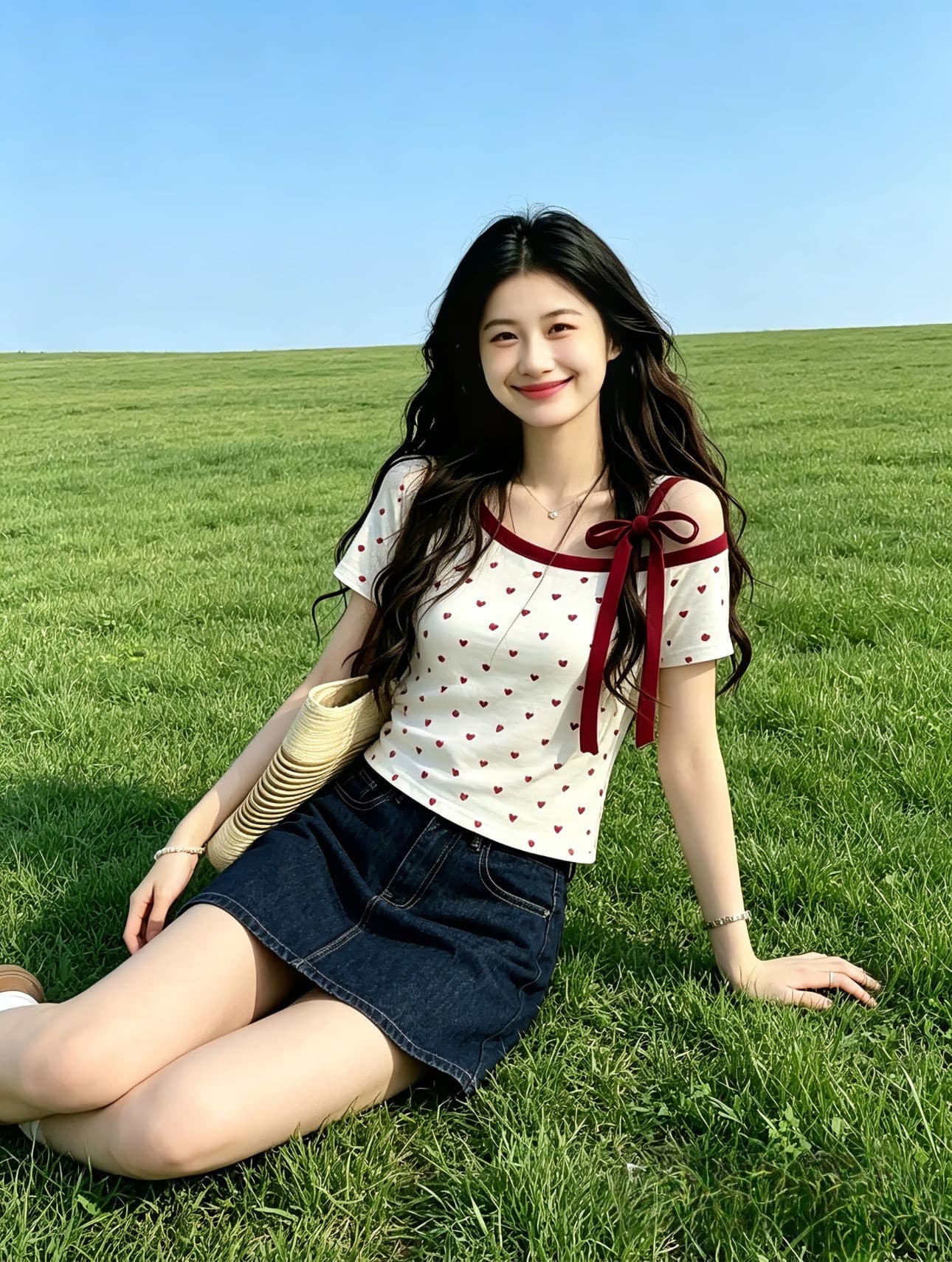 핫걸 하트 프린트 배색 비스듬한 어깨 반팔 티셔츠 여성 여름 스트랩 디자인 센스 몸매 가꾸기 오프숄더 달콤한 매운맛 맨위 상세 이미지 8