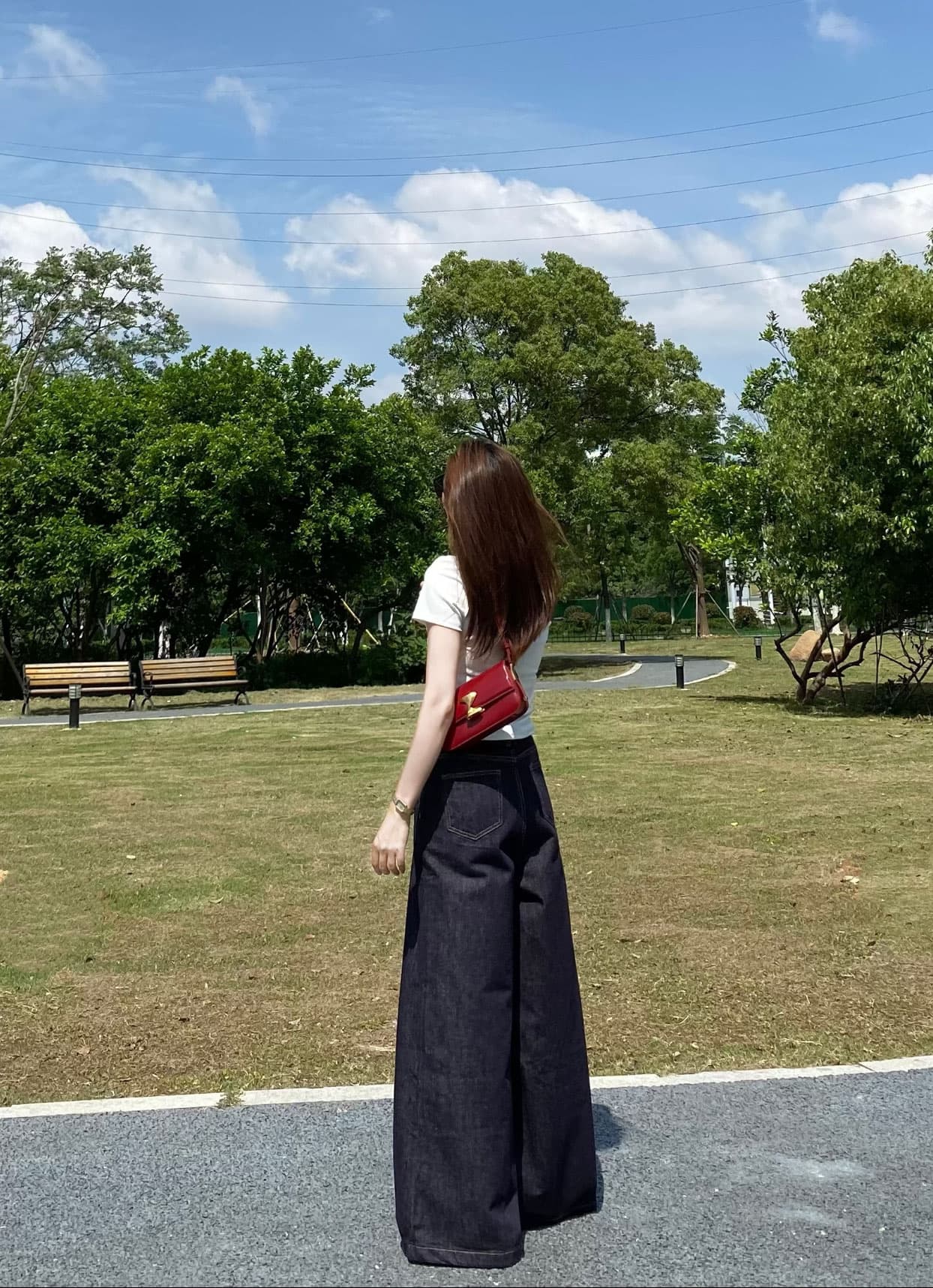 패션 투피스 세트 달콤함 나비 매듭 체리 프린트 긍정적 인 어깨 반팔 티셔츠 여성 연령 감소 디스플레이 몸 다용도 데님 상세 이미지 6