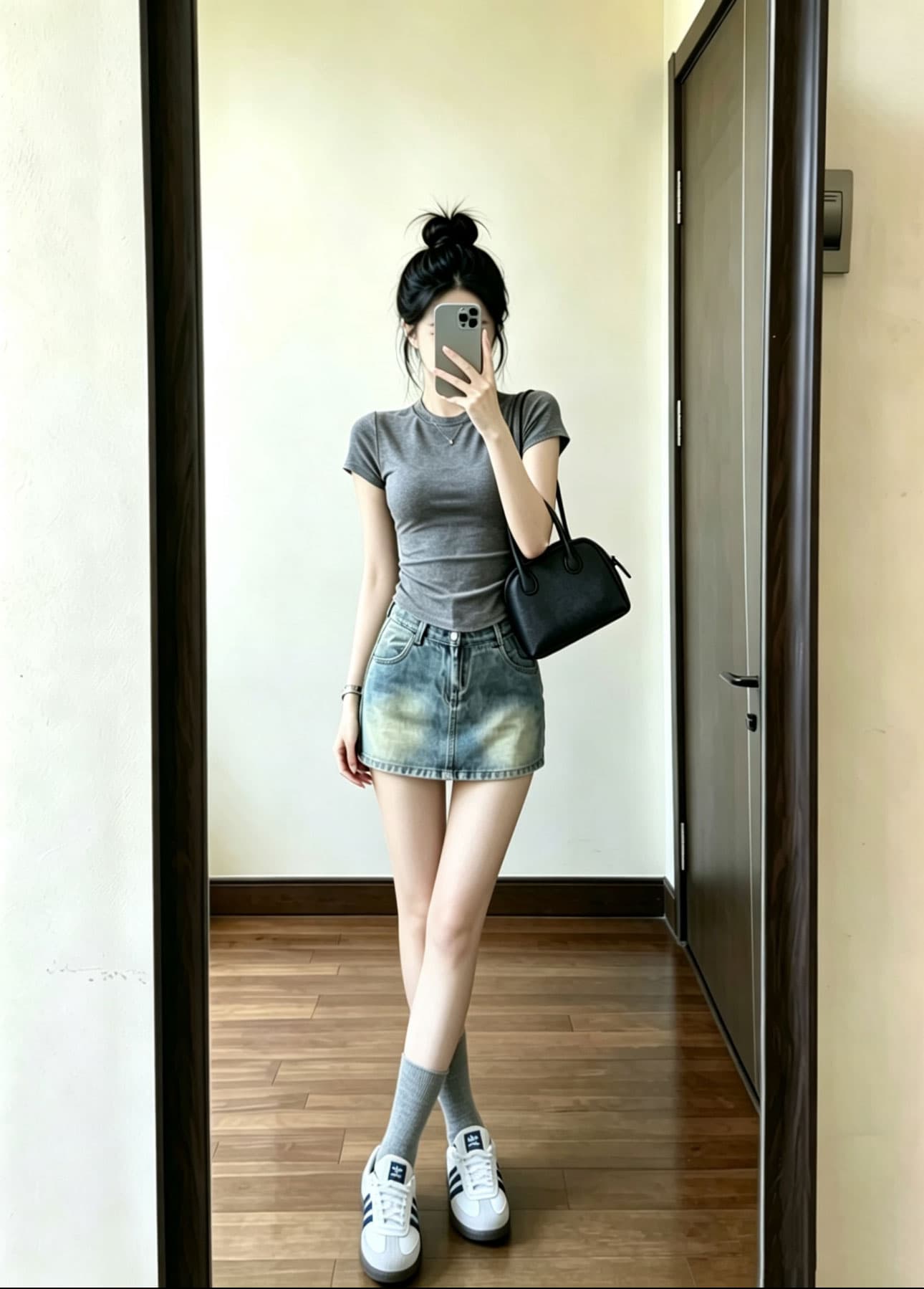 여름 ootd 착용 가져 가라. 전체 집합 2026 새로운 패션 다용도 회색 티셔츠 여성 여름 데님 미니 스커트 세트 이미지 2