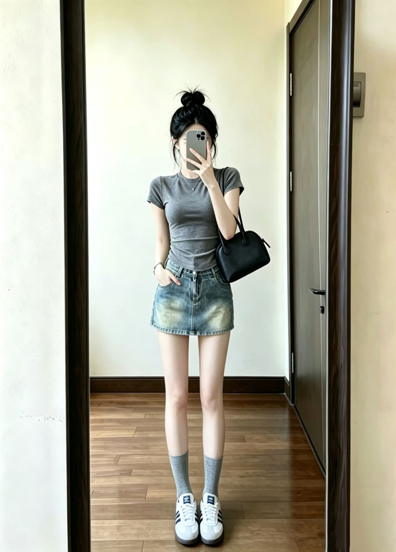 여름 ootd 착용 가져 가라. 전체 집합 2026 새로운 패션 다용도 회색 티셔츠 여성 여름 데님 미니 스커트 세트 상세 이미지 1