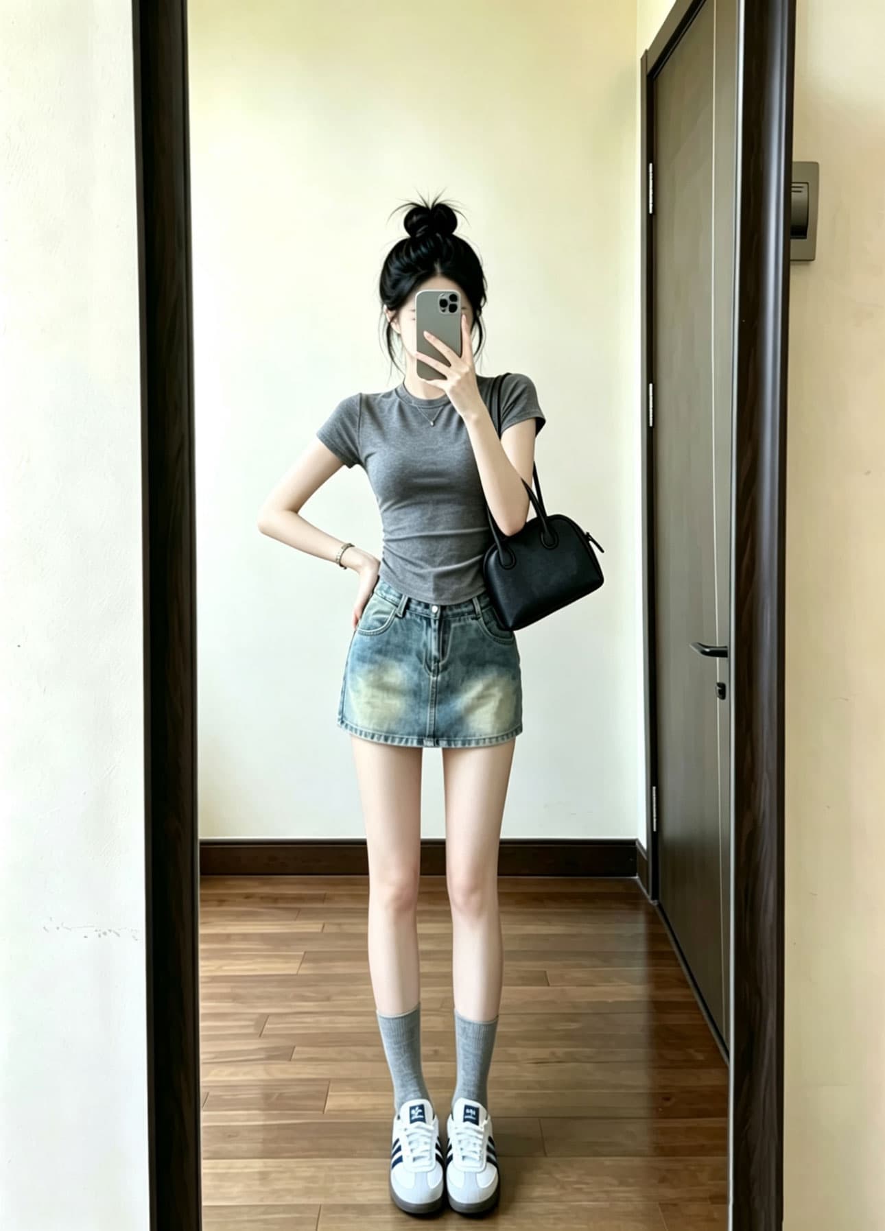 여름 ootd 착용 가져 가라. 전체 집합 2026 새로운 패션 다용도 회색 티셔츠 여성 여름 데님 미니 스커트 세트 상세 이미지 2