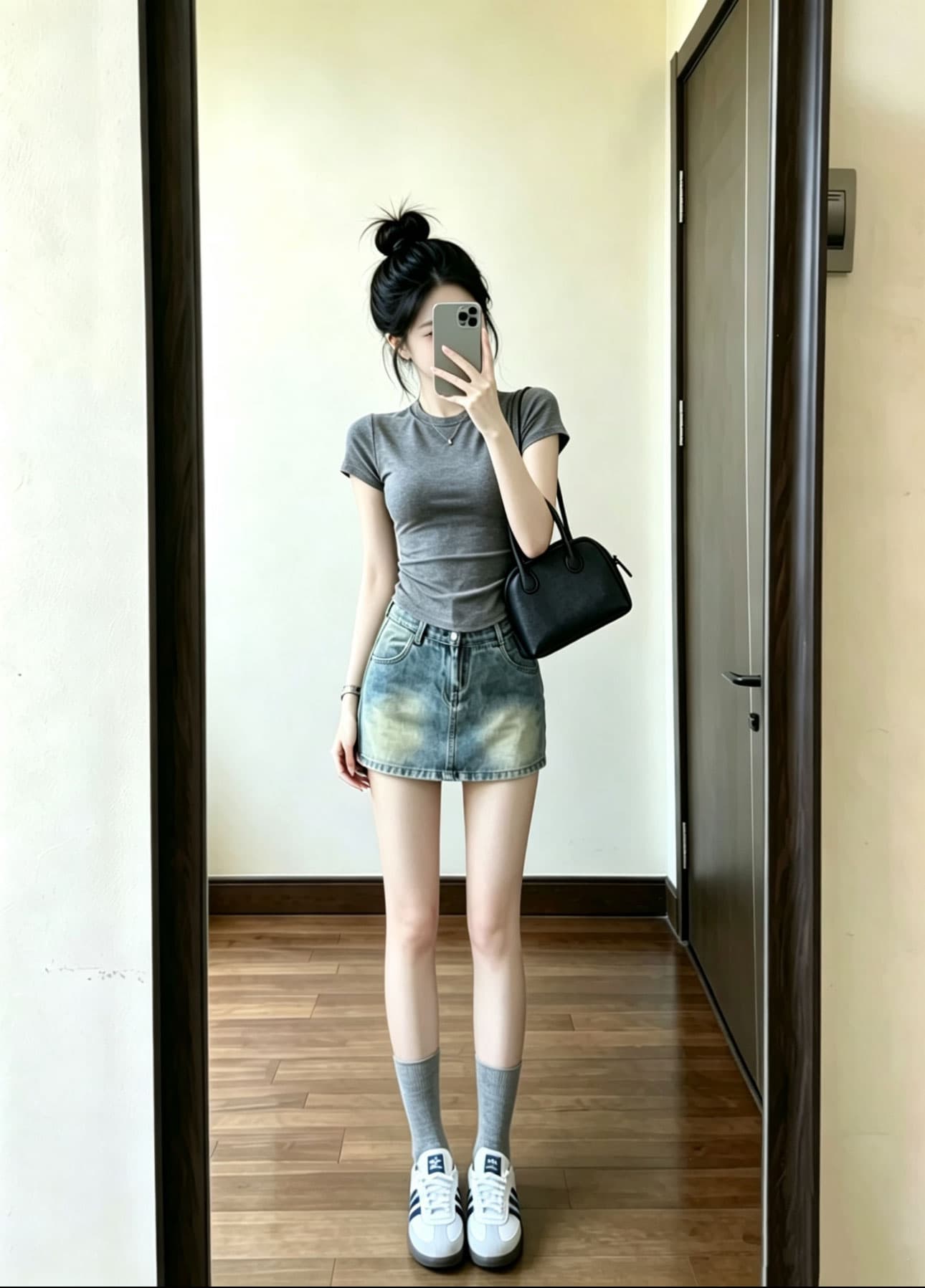 여름 ootd 착용 가져 가라. 전체 집합 2026 새로운 패션 다용도 회색 티셔츠 여성 여름 데님 미니 스커트 세트 상세 이미지 4