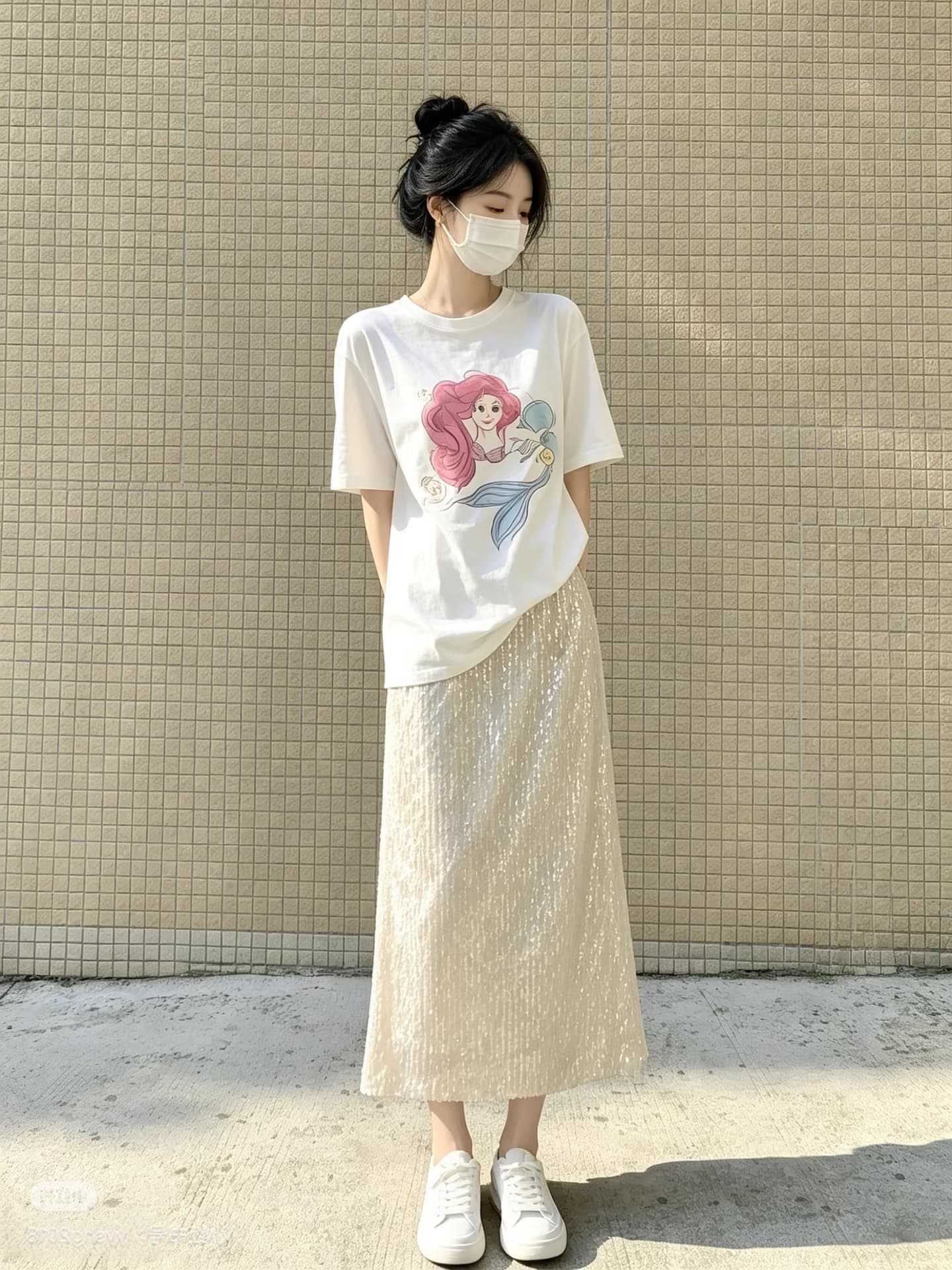 2026 새로운 한 부서 ootd 착용 가져 가라. 에이즈 환자 여성 세트 여름 화이트 티셔츠 스팽글 타이트 스커트 롱 스커트 투피스 슈트 상세 이미지 3