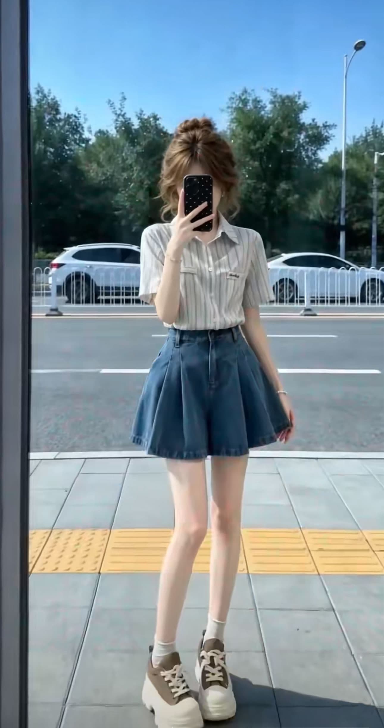 여름 ootd 착용 가져 가라. 전체 집합 2026 새로운 패션 다용도 스트라이프 셔츠 여성 여름 데님 미니 스커트 세트 이미지 4