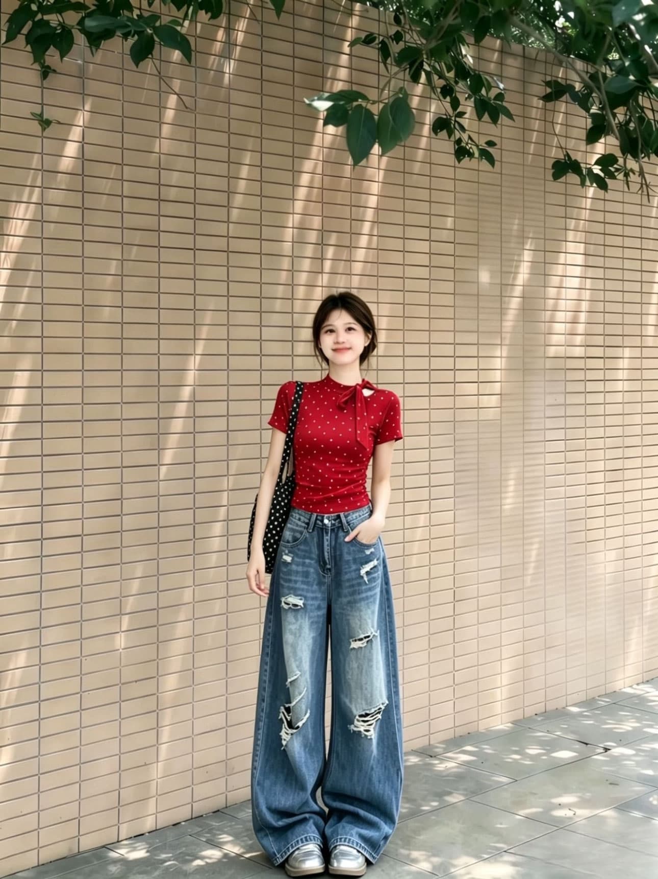 여름 ootd 착용 가져 가라. 전체 집합 2026 새로운 패션 다용도 빨간색 티셔츠 여성 여름 데님 바지 세트 이미지 2