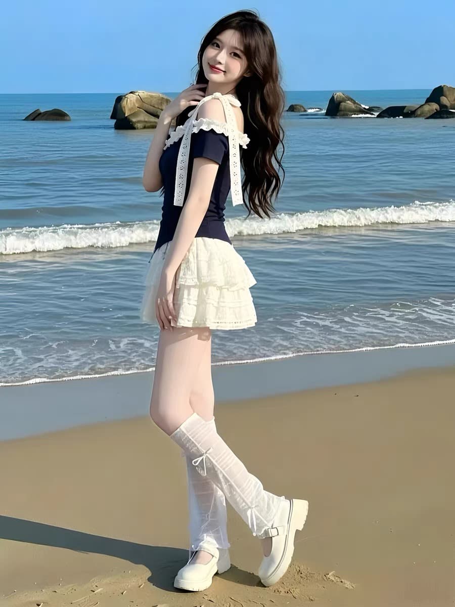 여름 작은 키 착용 가져 가라. 전체 집합 한 부서 연령 감소 달콤한 스타일 비스듬한 어깨 의류 케이크 미니 스커트 투피스 슈트 여성 상세 이미지 3
