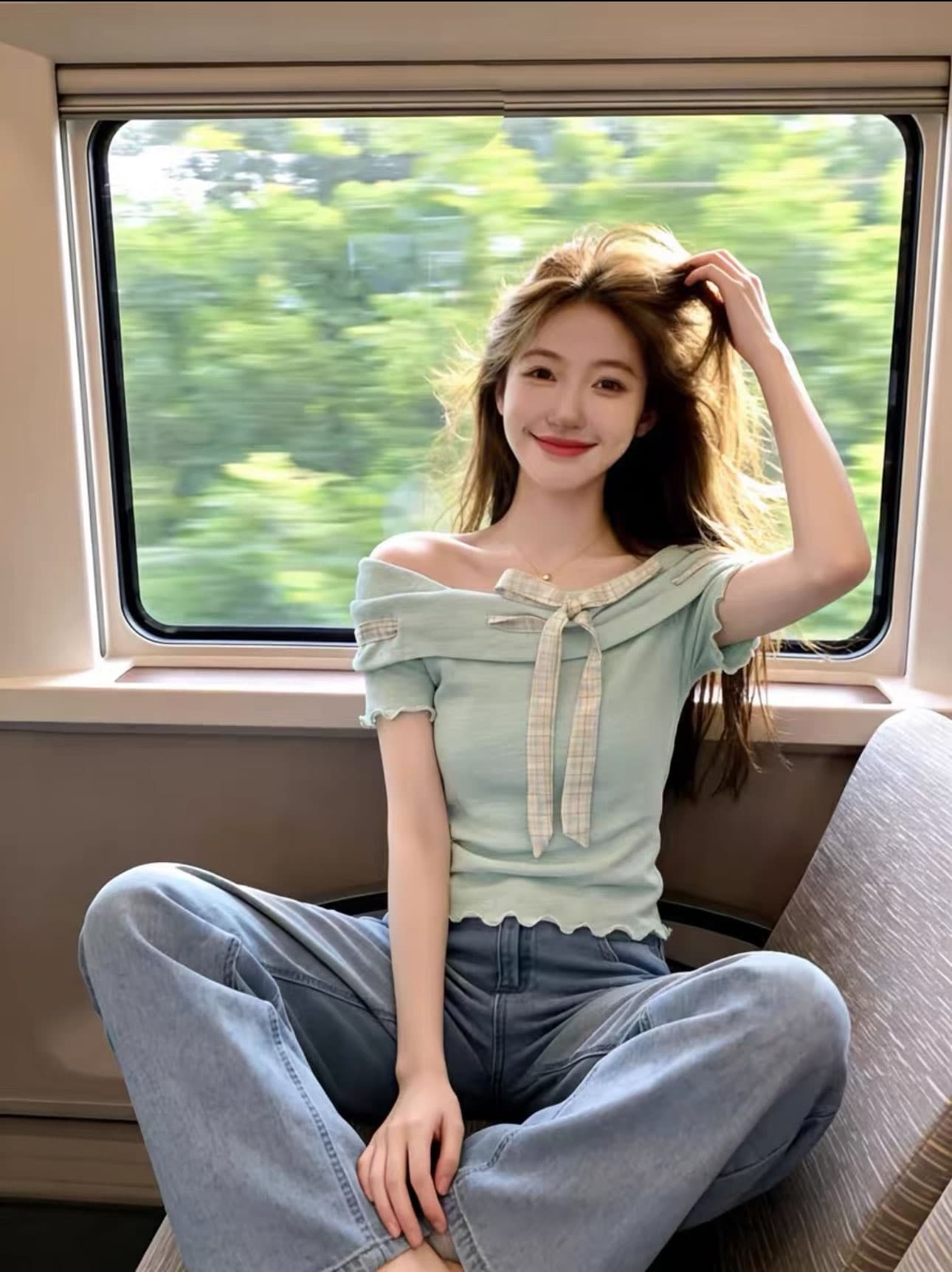 여름 ootd 착용 가져 가라. 전체 집합 2026 새로운 패션 다용도 녹색 티셔츠 여성 여름 데님 바지 세트 상세 이미지 5