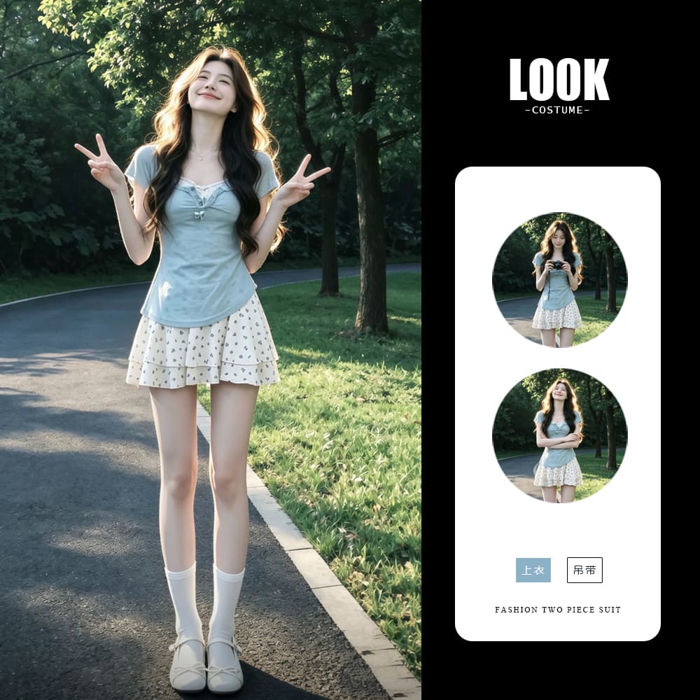 한 부서 chic 파란색 단추 반팔 티셔츠 작은 맨위 여성 여름 순수한 욕망 꽃무늬 슬립 드레스 투피스 세트
