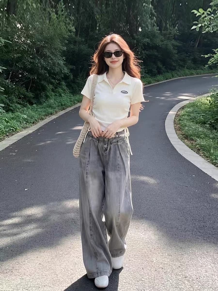 한 부서 여름 착용 가져 가라. 긍정적 인 어깨 POLO 셔츠 티셔츠 여성 2026 슈퍼 화재 여름 드레스 전체 집합 작은 키 반팔 옷 상세 이미지 2