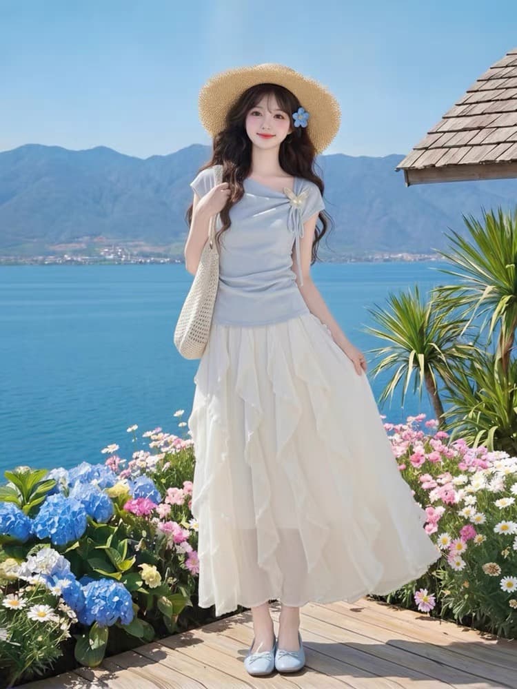 도파민 착용 가져 가라. 여름 아름다운 작은 치마 여름 그레이트 바다를보고 측면 가짜 아름다운 드레스 딩 Da 서울 치마 상세 이미지 1