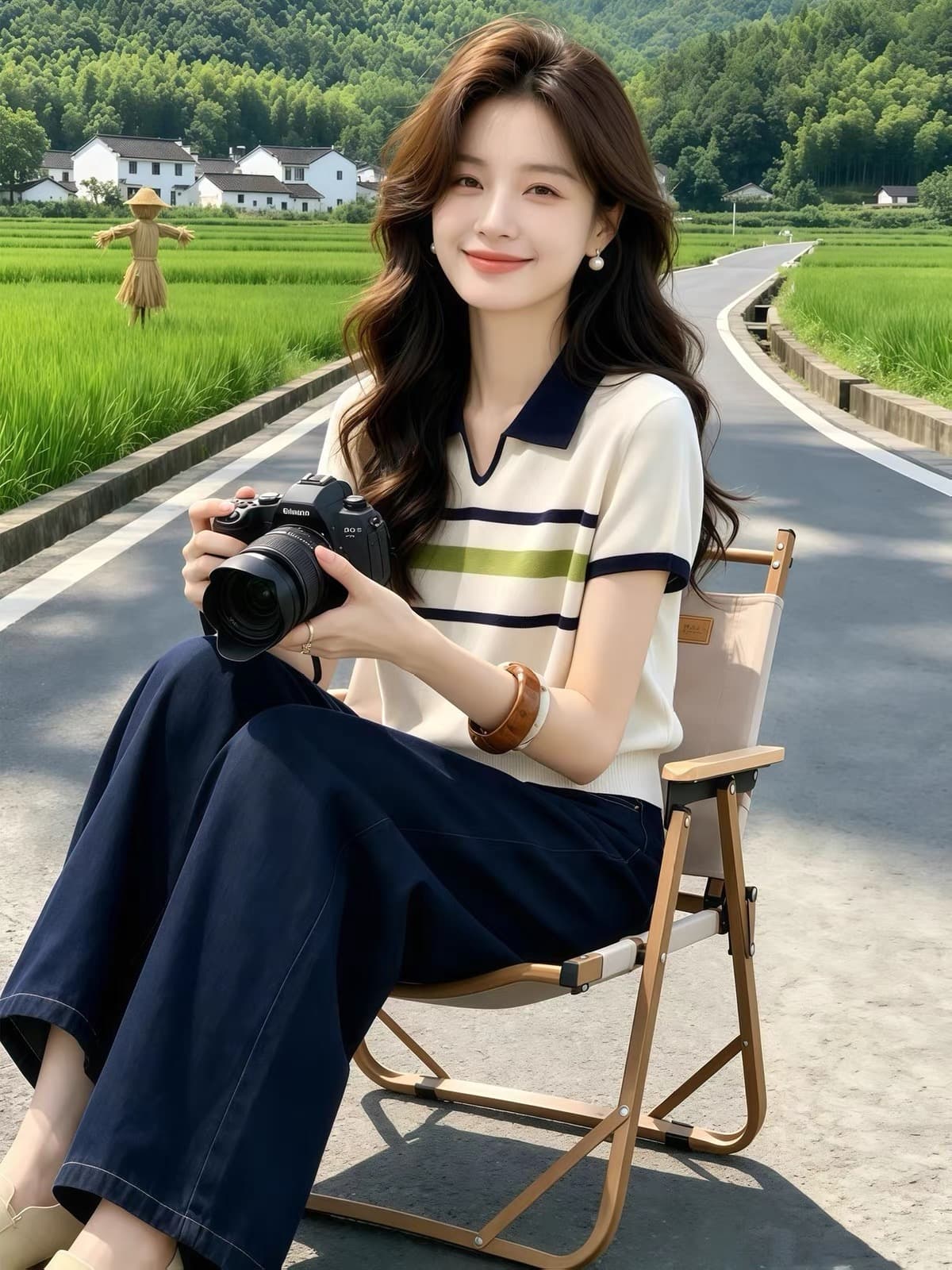 베이지 색 스트라이프 몸매 가꾸기 POLO 칼라 반팔 티셔츠 여성 2026 여름 빛 사람들 코치 착용 가져 가라. 학원 스타일 맨위 상세 이미지 1
