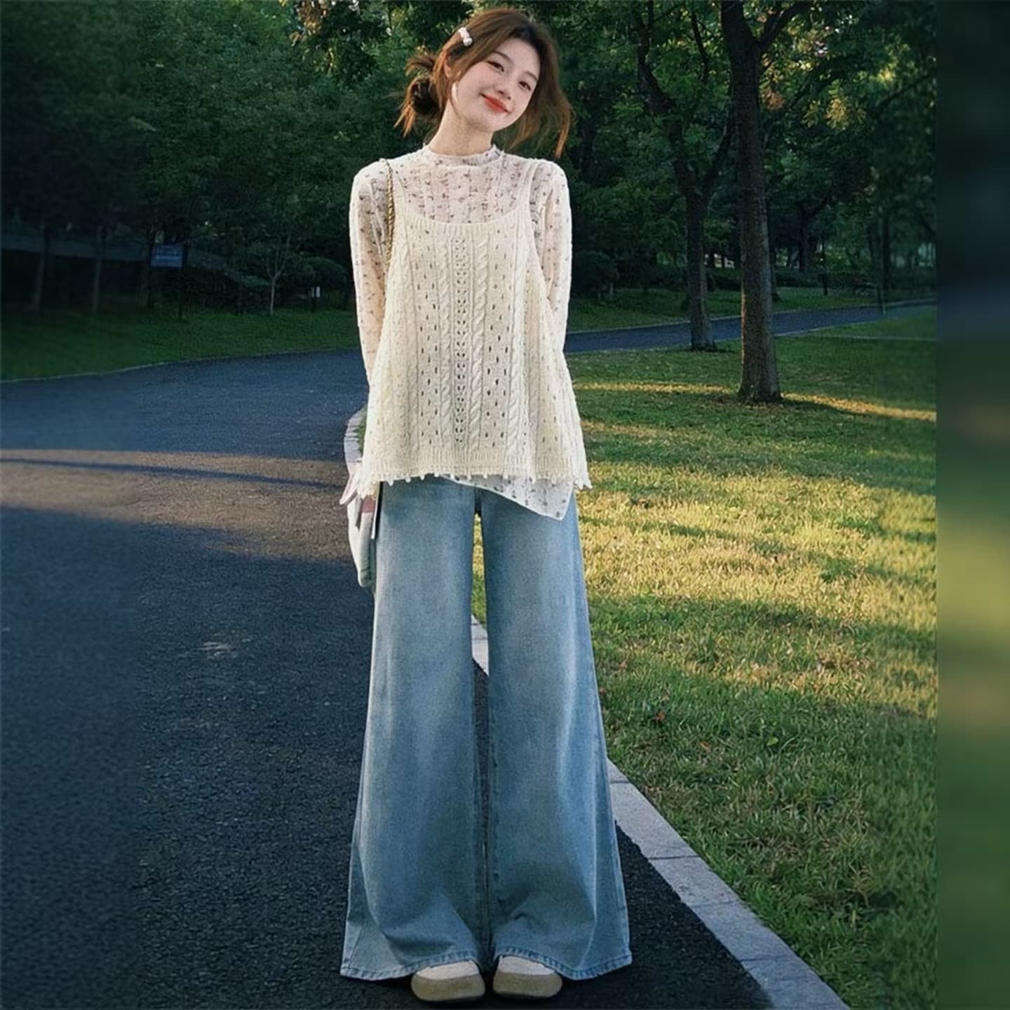 가을 프랑스식 달콤함 품격 부드러운 바람 니트 베스트 슬립 여성 스택 착용 긴팔 꽃무늬 기본 셔츠 맨위 세트 이미지 5
