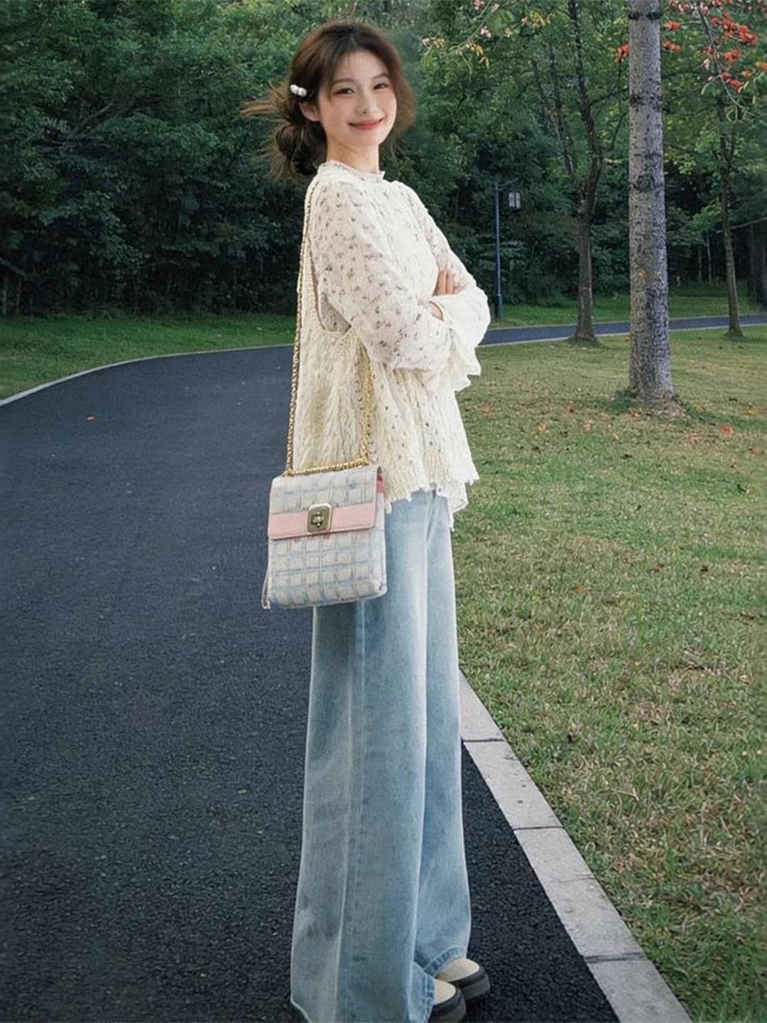가을 프랑스식 달콤함 품격 부드러운 바람 니트 베스트 슬립 여성 스택 착용 긴팔 꽃무늬 기본 셔츠 맨위 세트 상세 이미지 4