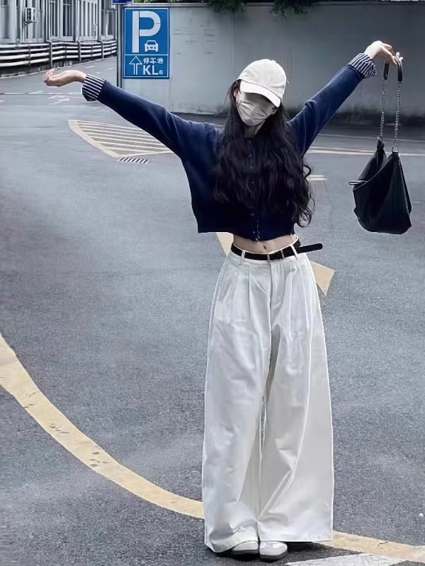 한 부서 착용 가져 가라. 에이즈 환자 여성 세트 봄 새로운 작은 대중 디자인 센스 오픈 가디건 맨위 하이웨이스트 캐주얼 와이드 레그 팬츠 투피스 세트 상세 이미지 3