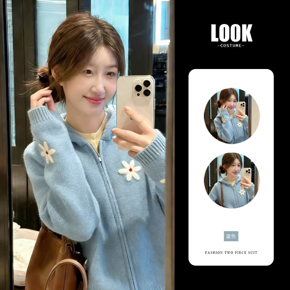 파란색 꽃 자카드 후드 지퍼 니트 카디건 코트 자이언트 잘 생긴 다용도 스웨터 여자 가을 한 첨부 된 의류