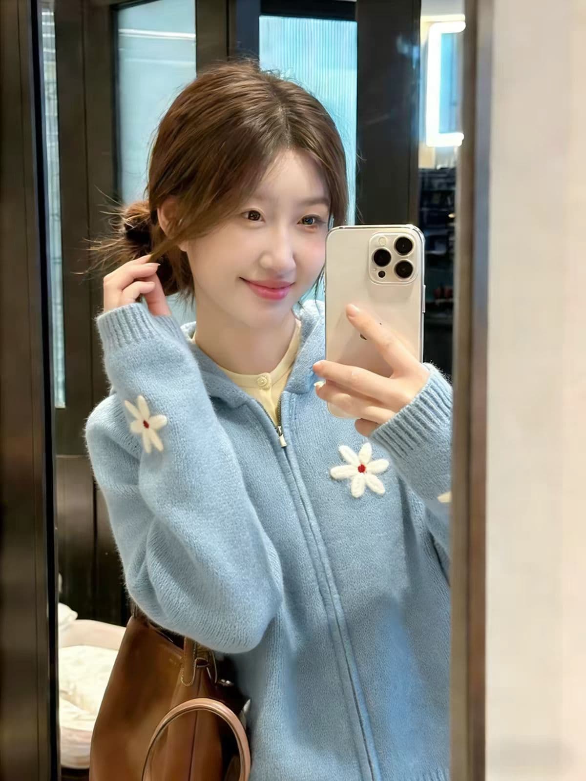 파란색 꽃 자카드 후드 지퍼 니트 카디건 코트 자이언트 잘 생긴 다용도 스웨터 여자 가을 한 첨부 된 의류 상세 이미지 1
