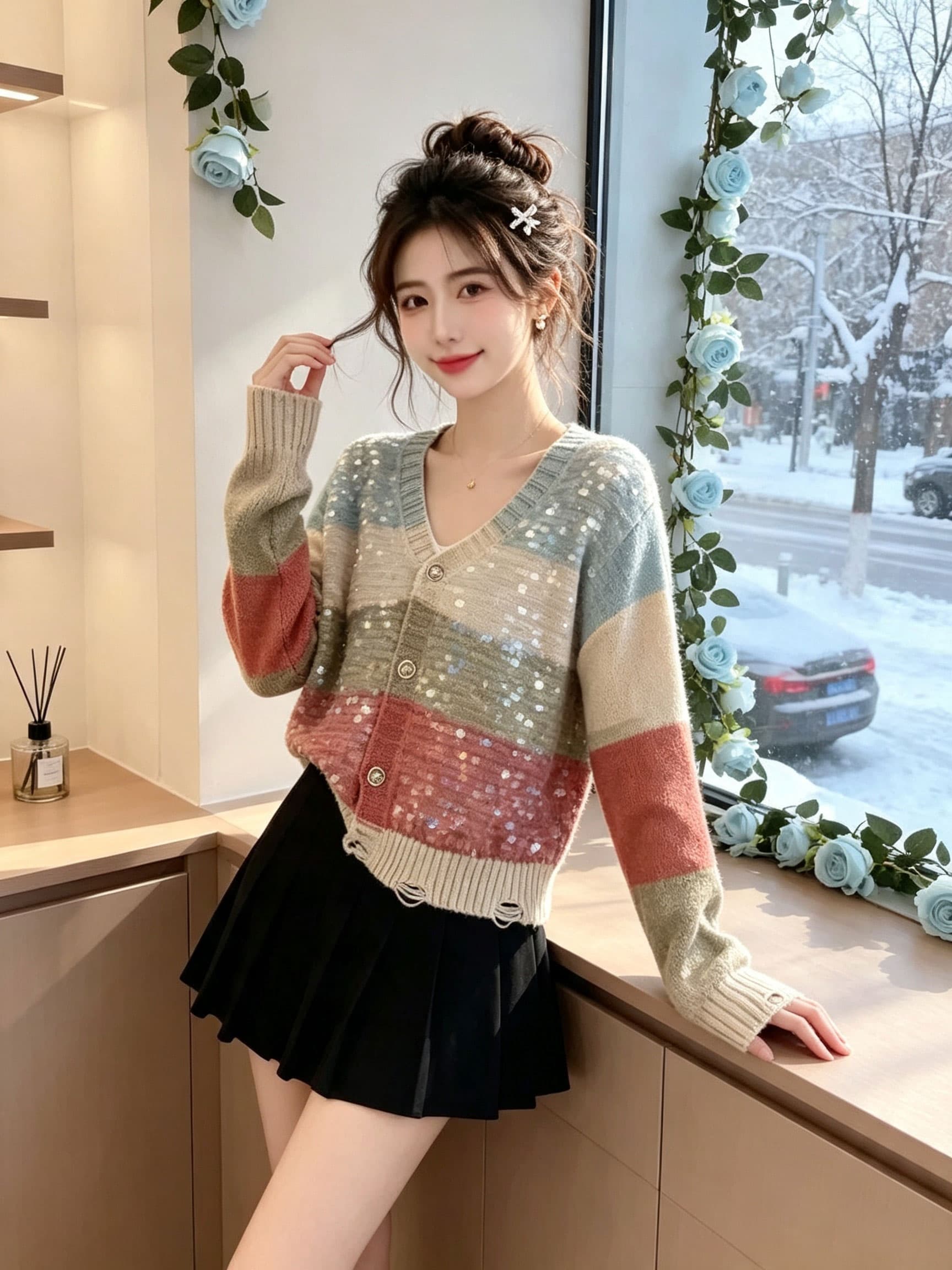 가을 코디 전체 집합 패션 소금 부서 빛 요리 한 한국 드라마 여성 주님 착용 가져 가라. 작은 샤넬 스타일 니트 오픈 가디건 치마 세트 상세 이미지 2