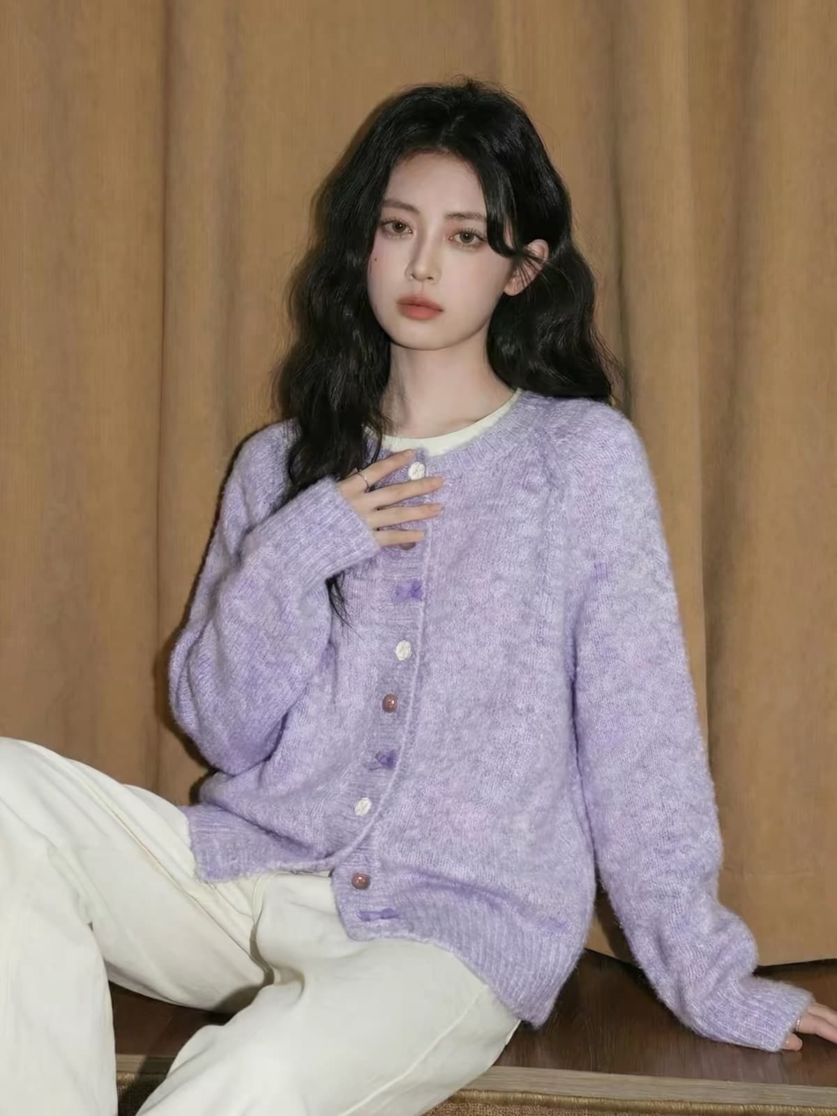 보라색 라운드 넥 니트 오픈 가디건 여성 코트 가을 겨울 2026 새로운 아름다운 자이언트 잘 생긴 부드러운 스웨터 외부 잡아라. 의류 상세 이미지 4