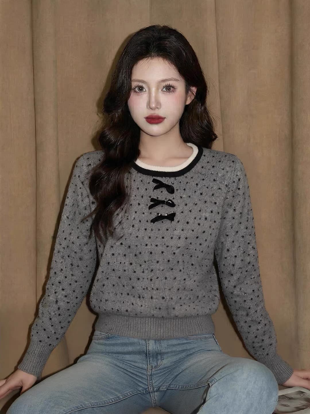 도트 무늬 레이스 나비 매듭 스웨터 여자 가을 겨울철 인사이드 가져 가라. 느긋한 바람 디자인 센스 고유 한 아름다운 고급 센스 맨위 이미지 3